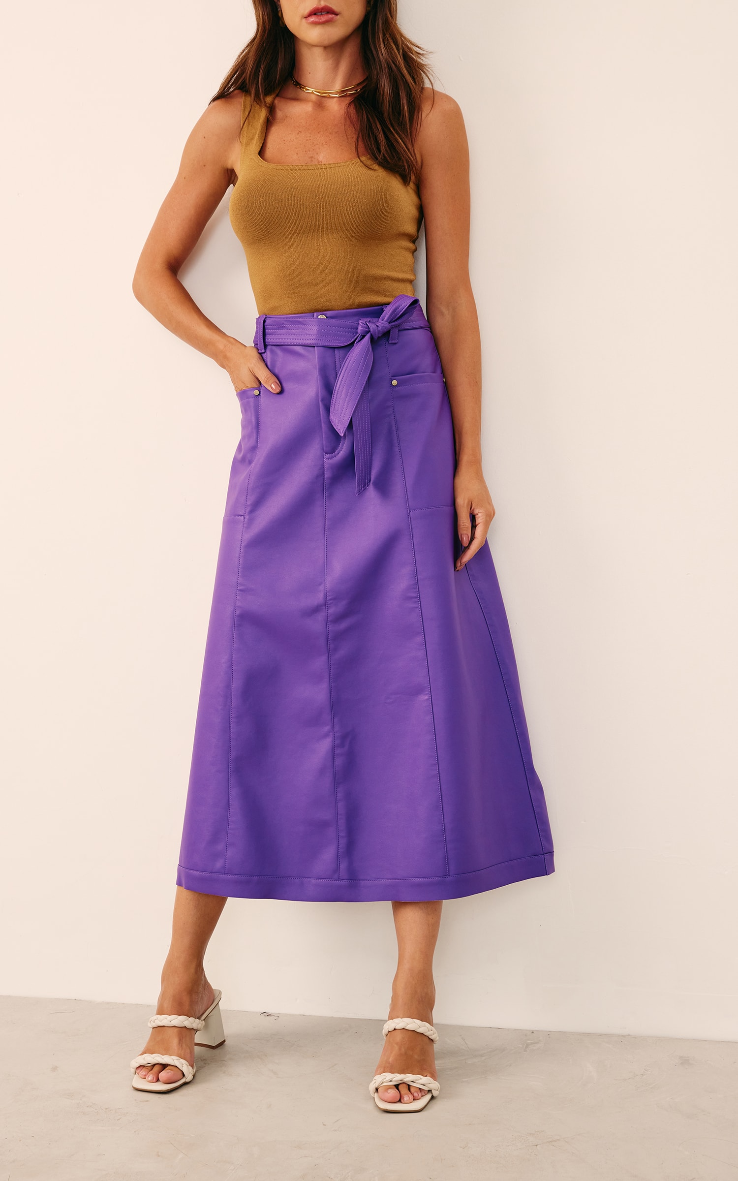 Saia Like Leather Midi Roxo