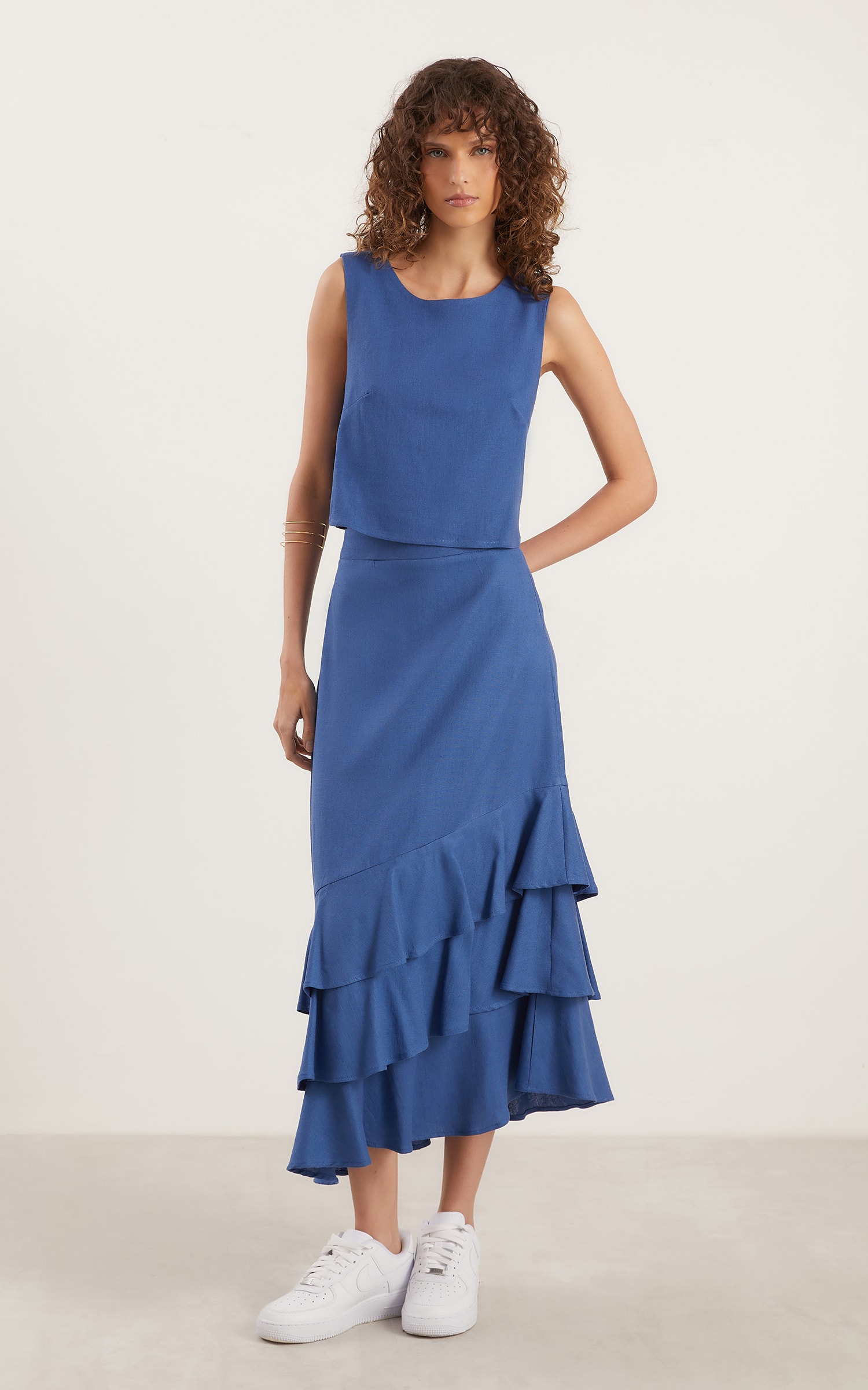 Saia Midi Aldeia Babados Azul Denim