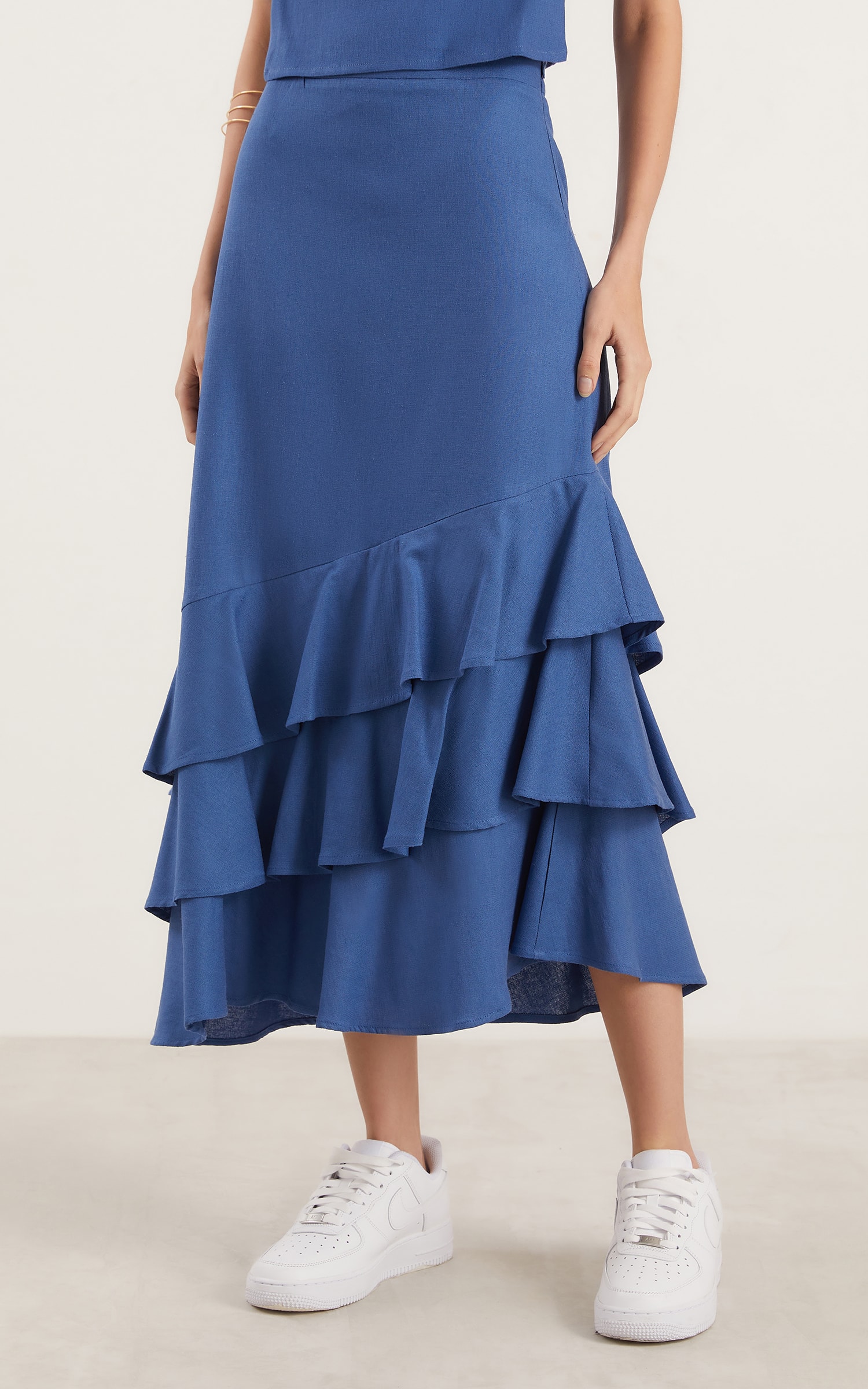Saia Midi Aldeia Babados Azul Denim