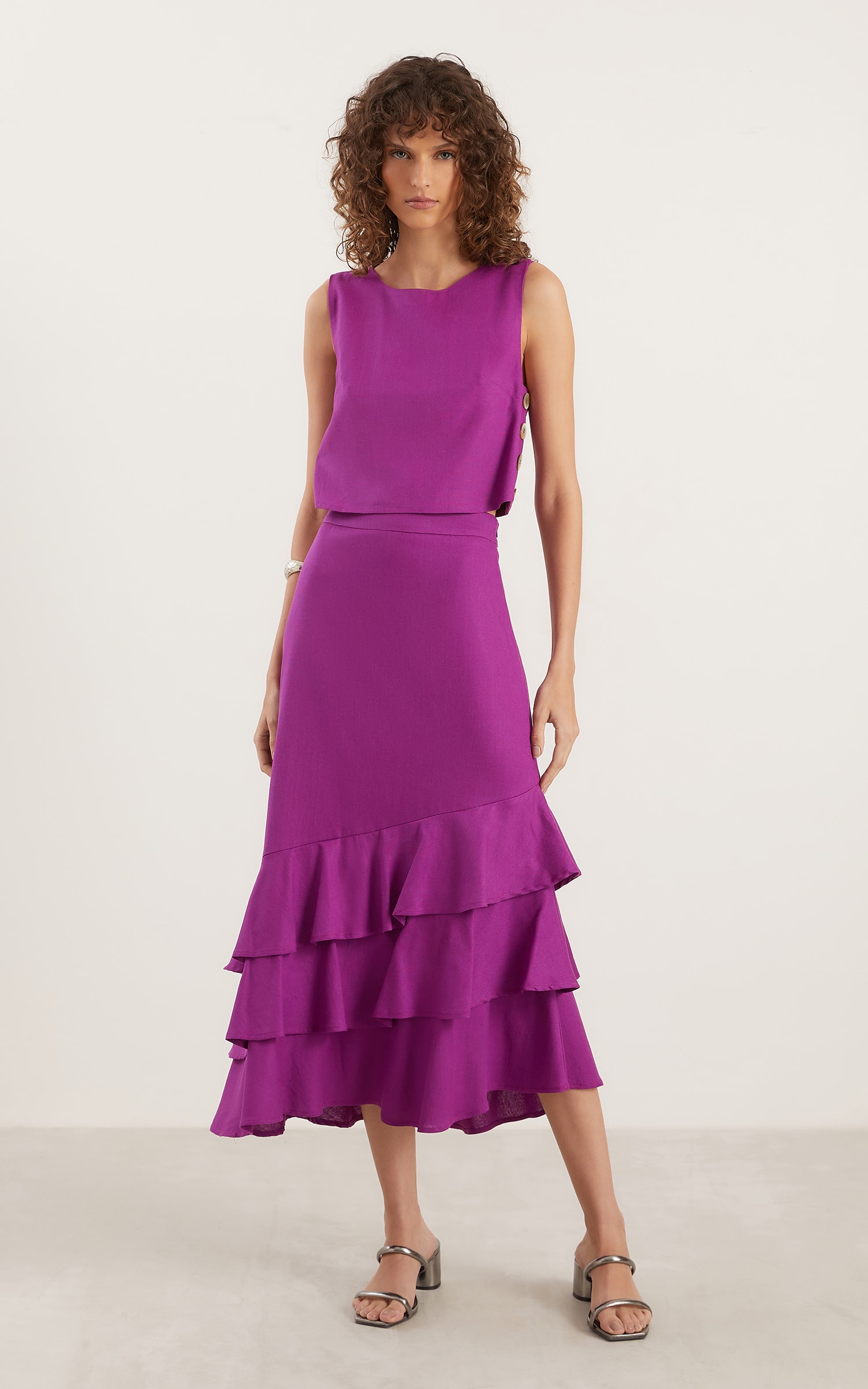 Saia Midi Aldeia Babados Roxo