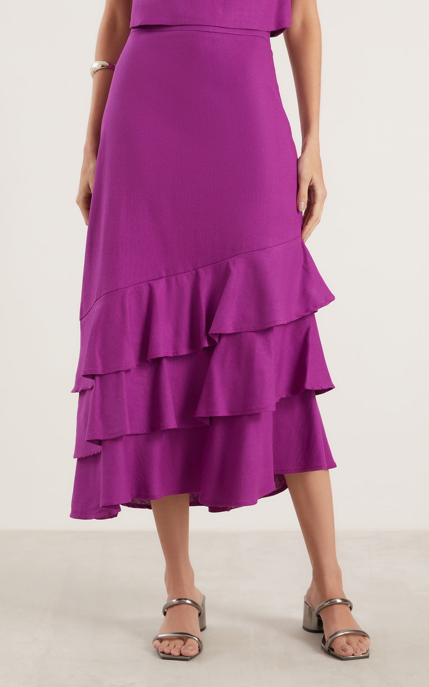 Saia Midi Aldeia Babados Roxo