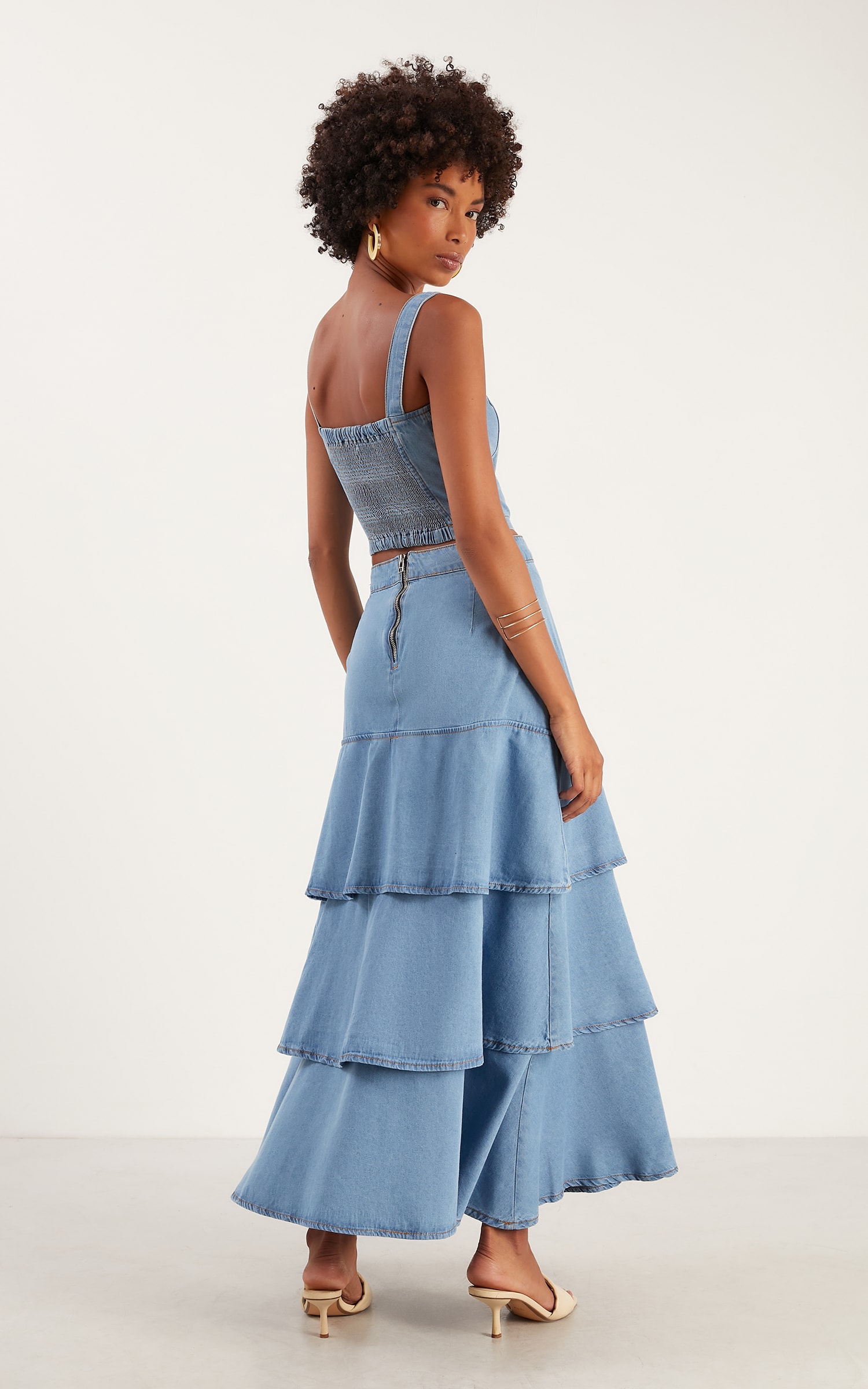 Saia Midi Babados Jeans Médio