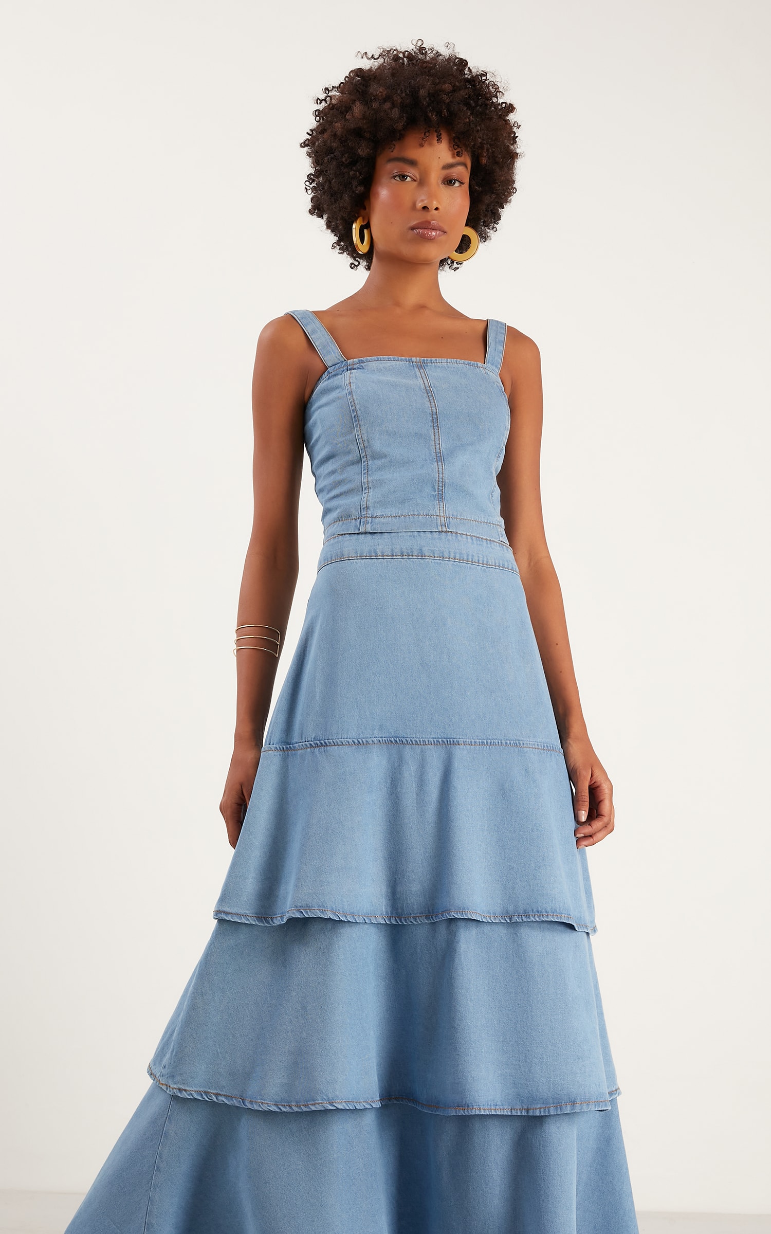 Saia Midi Babados Jeans Médio