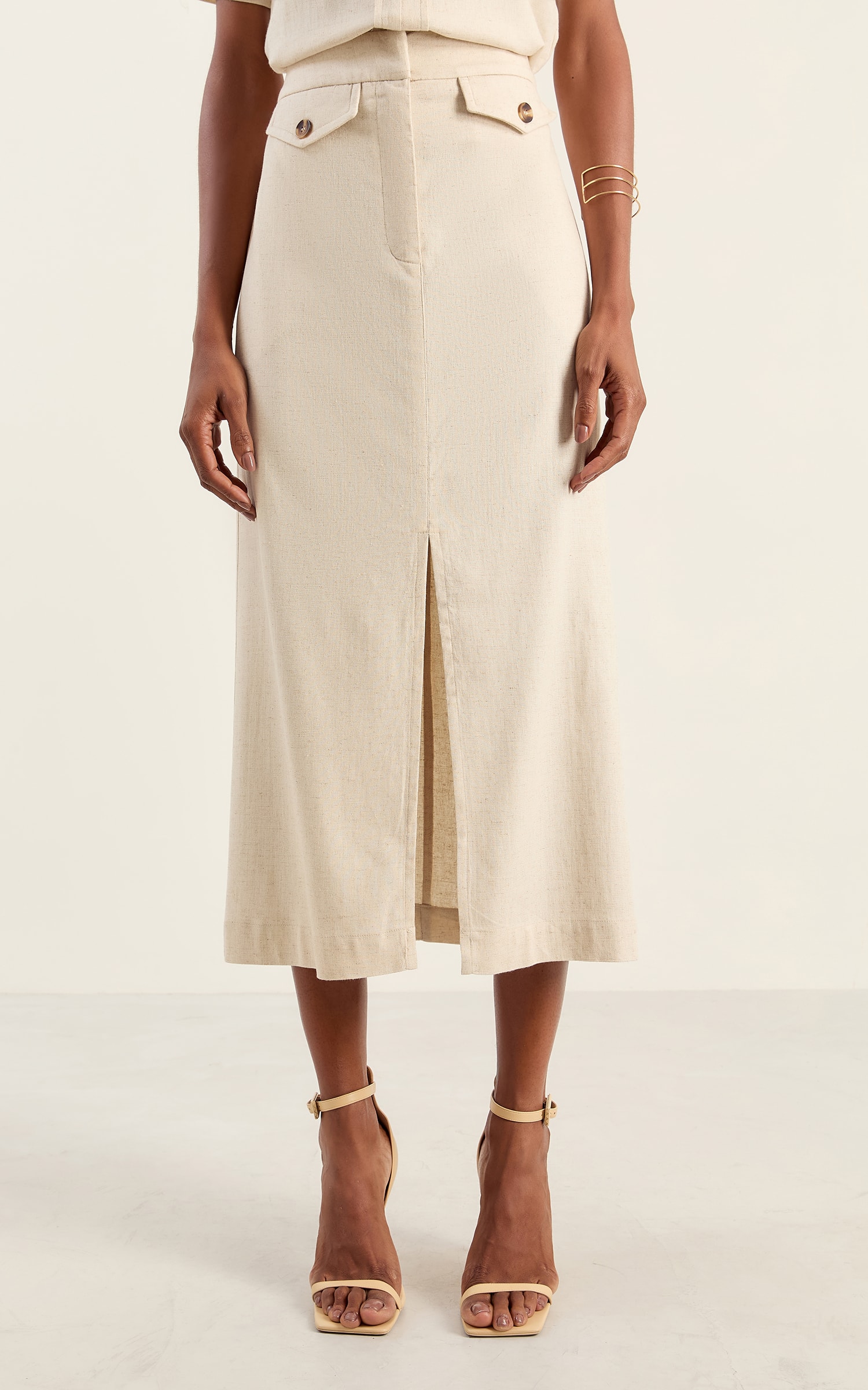 Saia Midi Bolsos Orvalho Natural