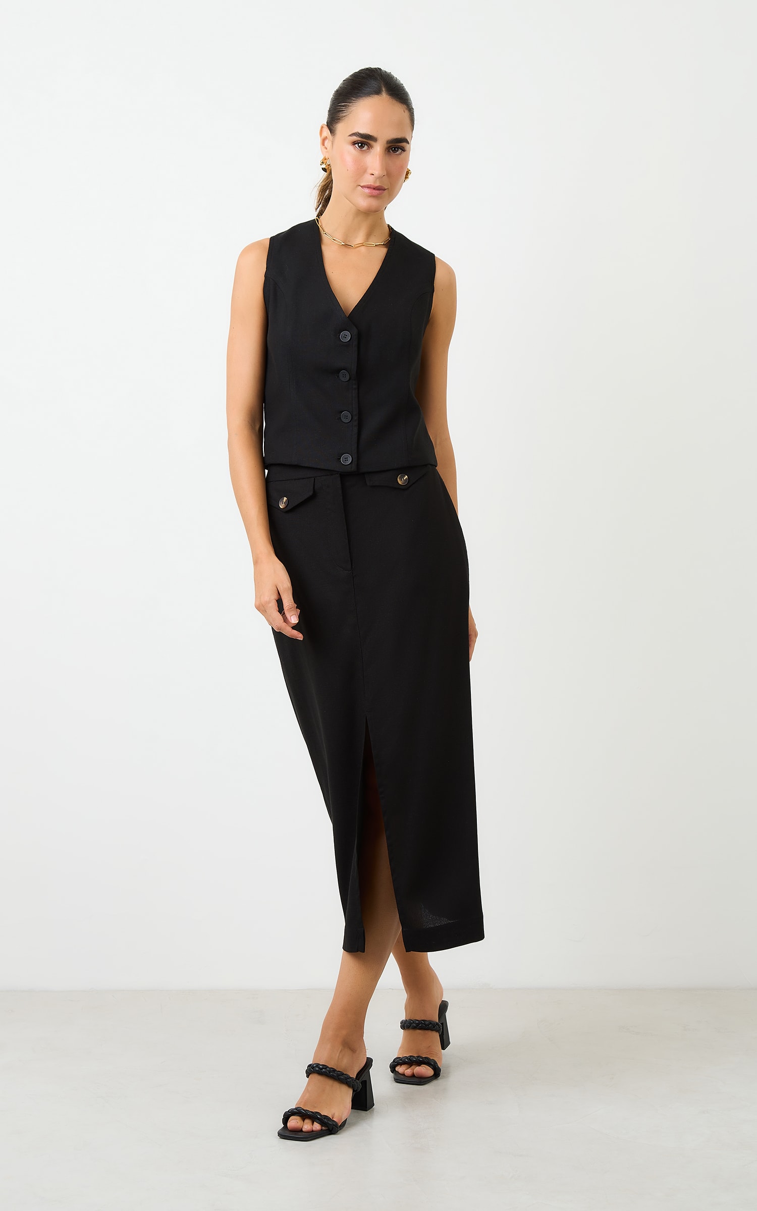 Saia Midi Bolsos Orvalho Preto