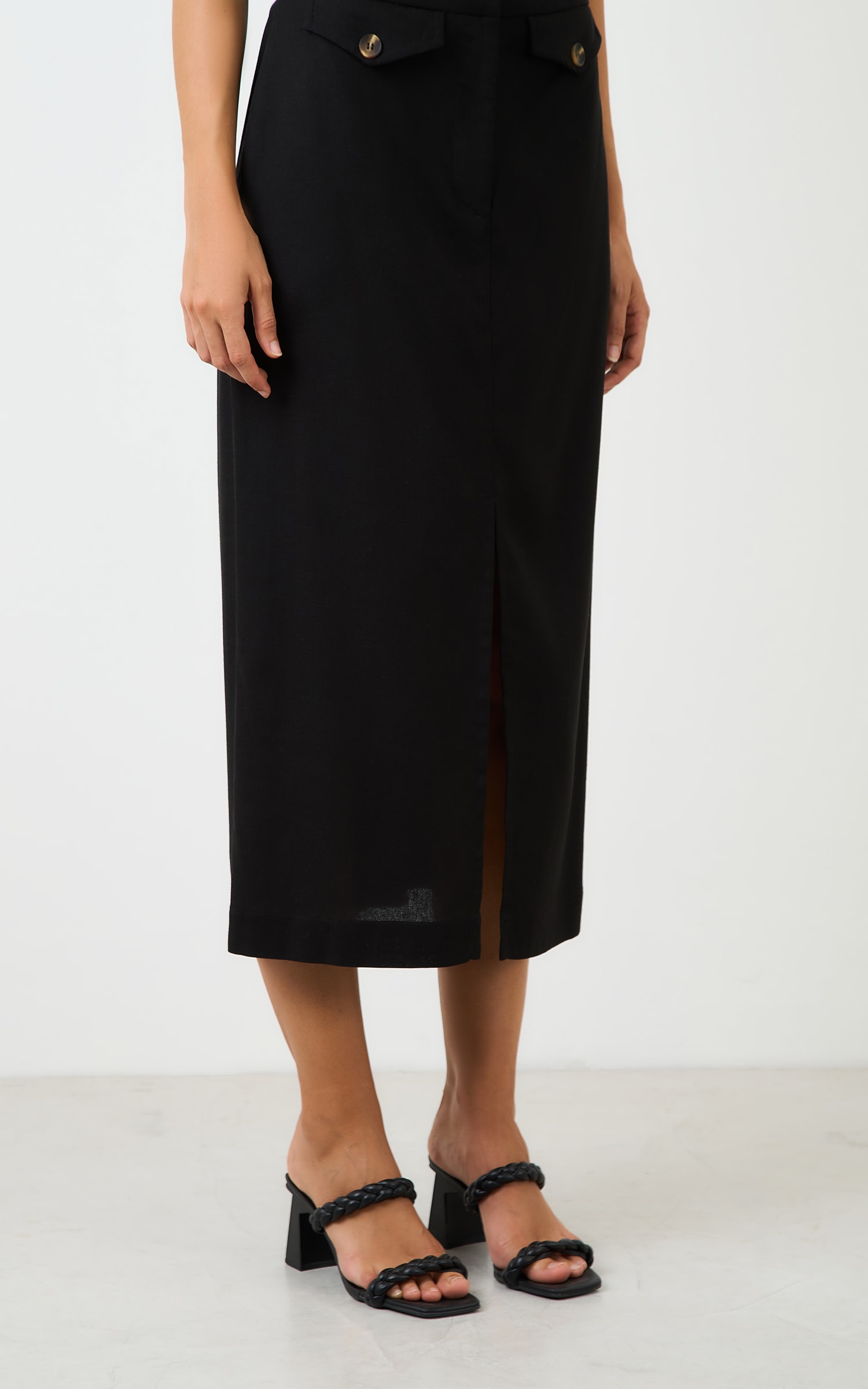 Saia Midi Bolsos Orvalho Preto