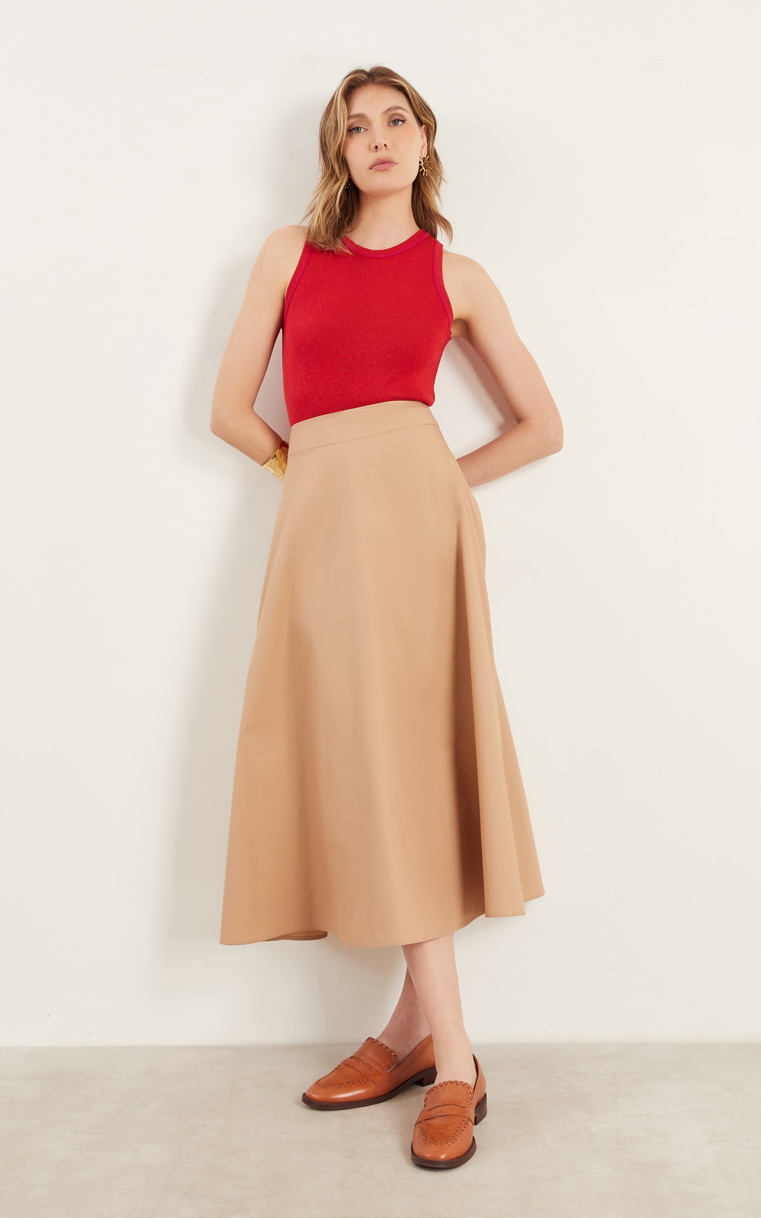 Saia Midi Cotton Caqui