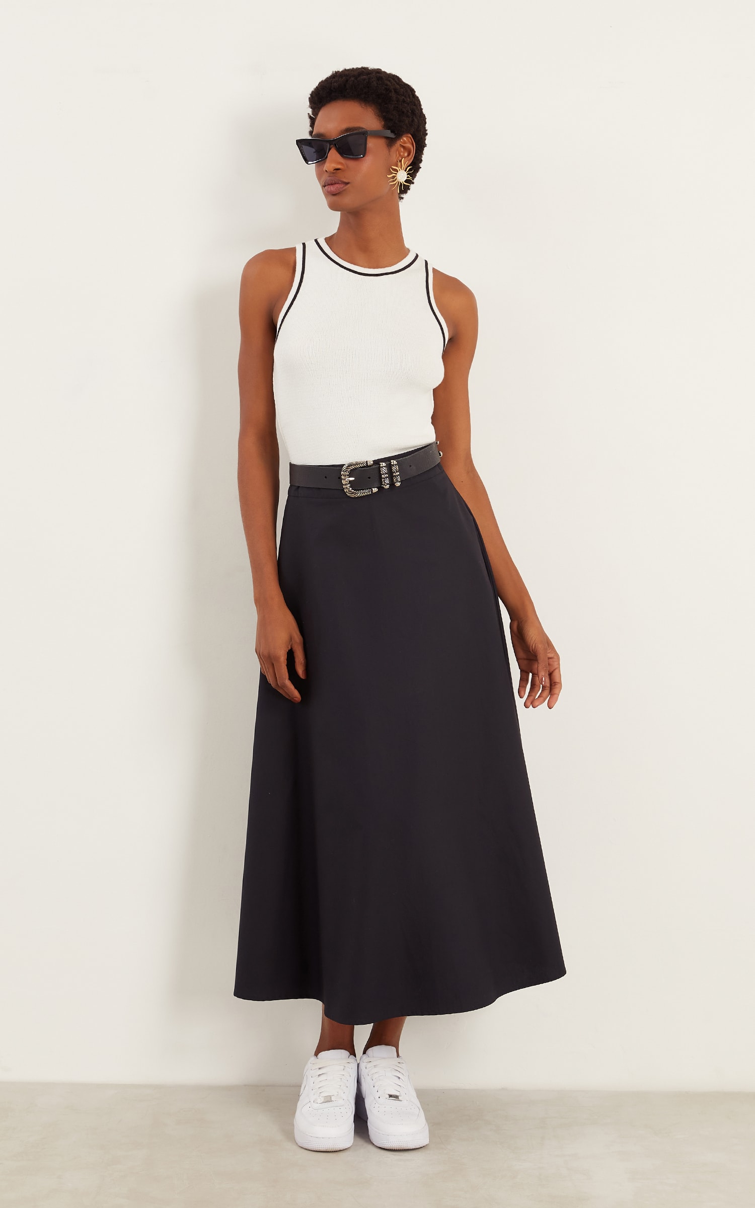 Saia Midi Cotton Preto
