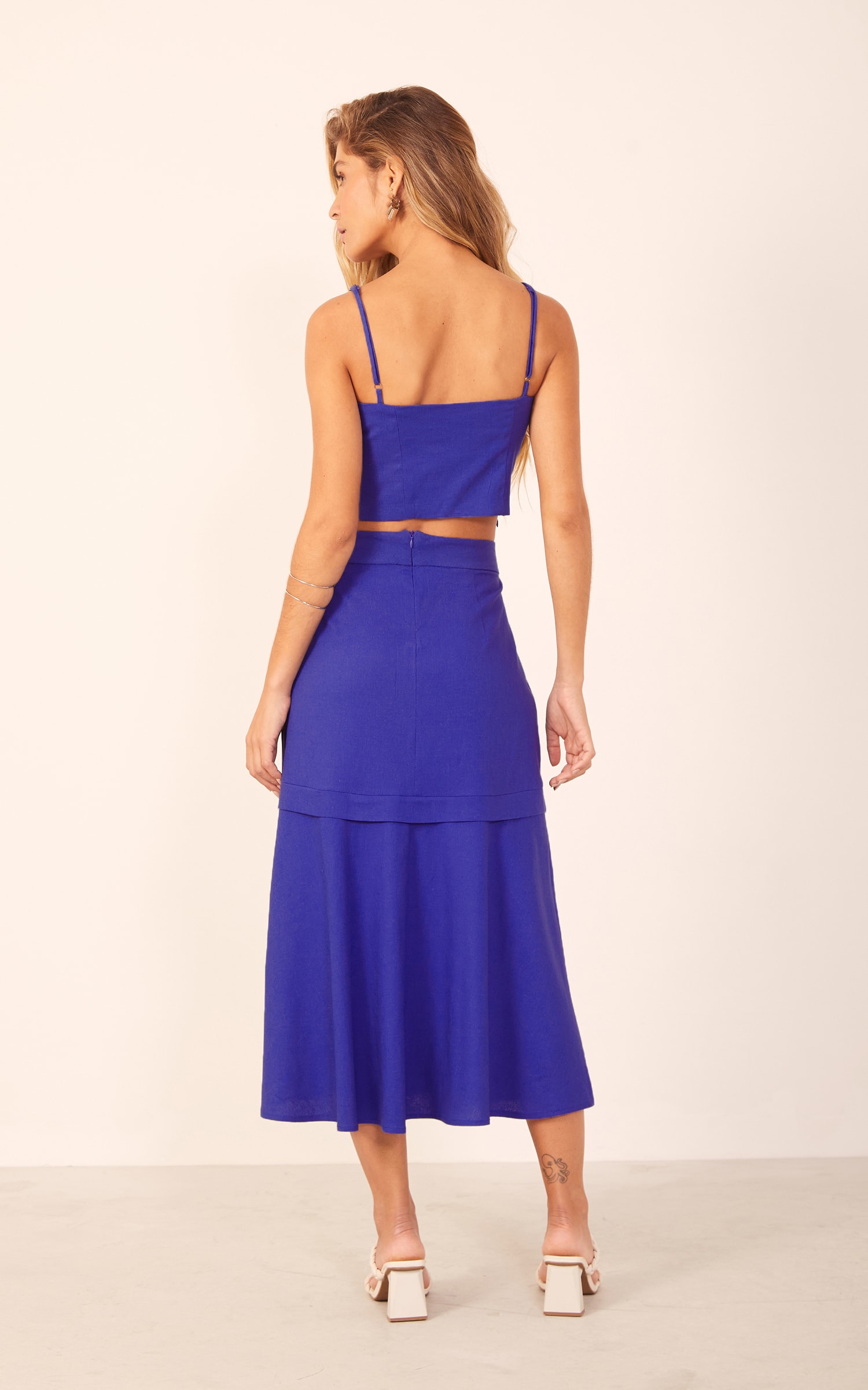Saia Midi Linho Azul