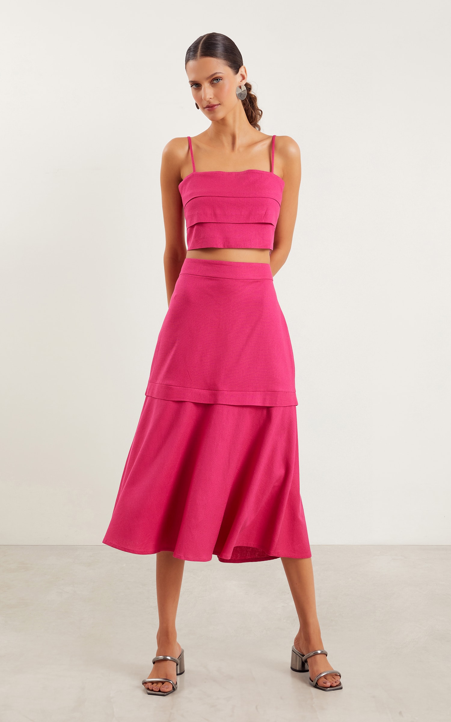 Saia Midi Linho Camada Fucsia