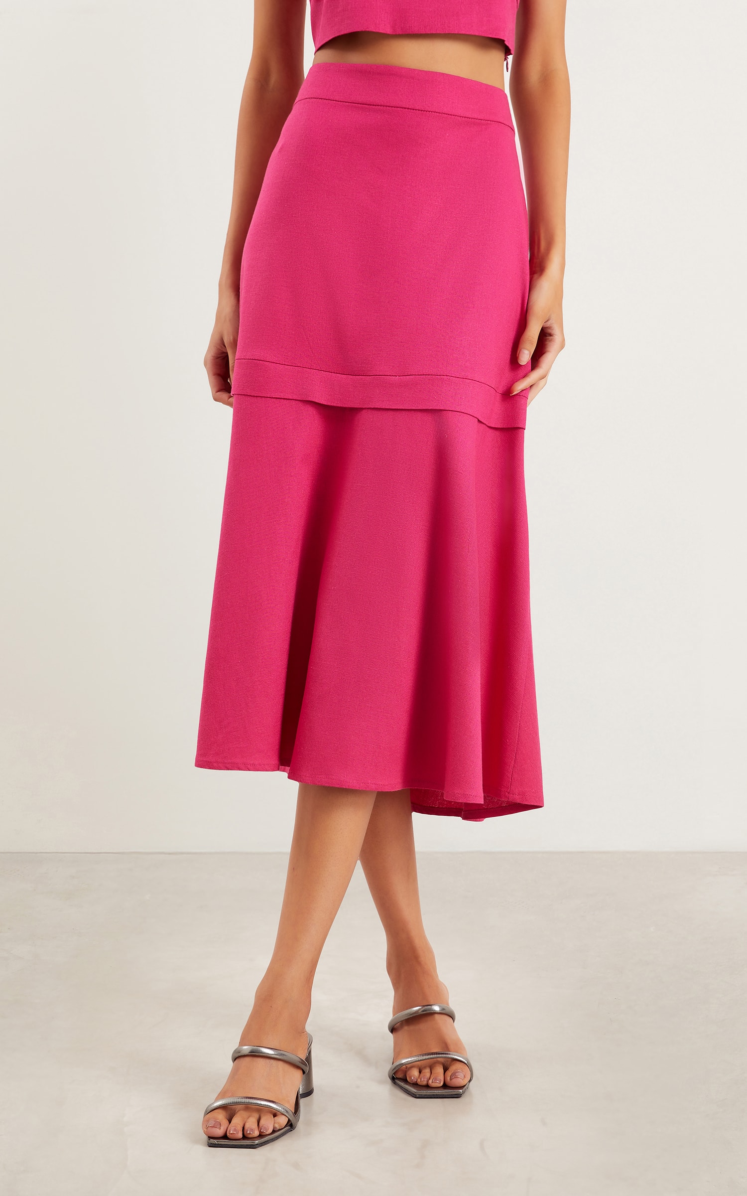 Saia Midi Linho Camada Fucsia