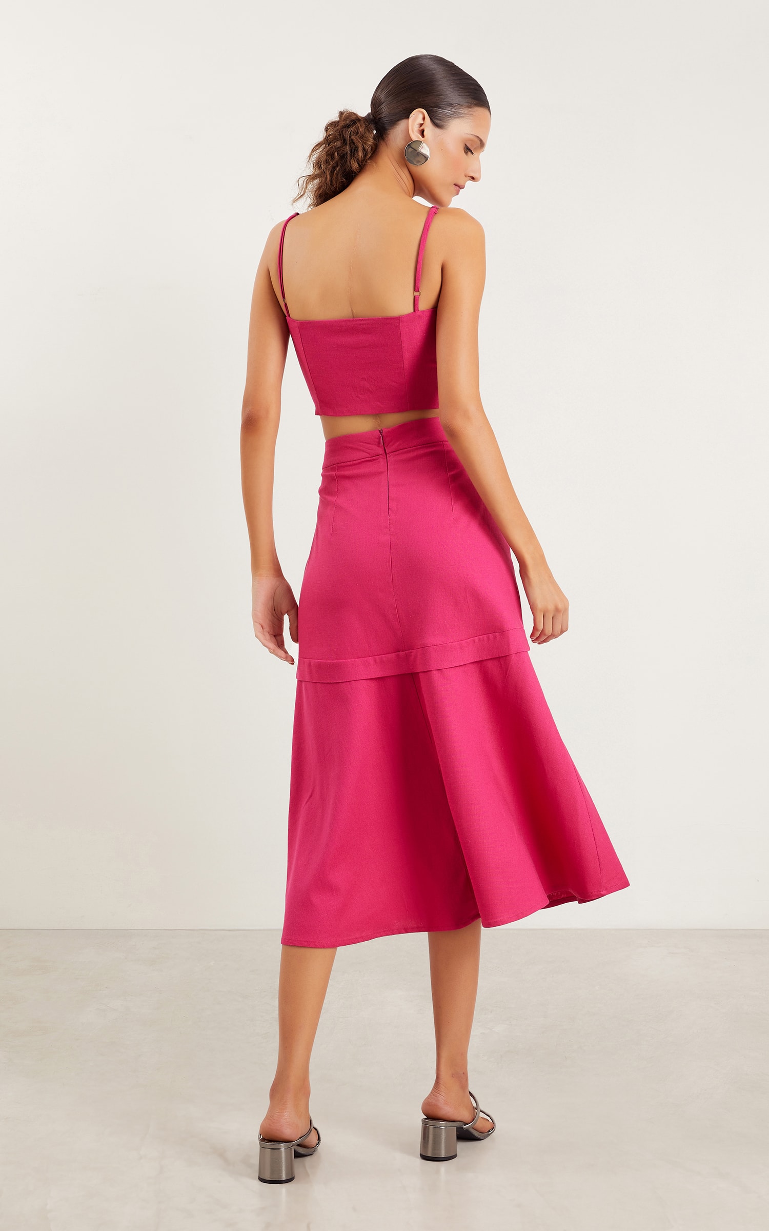 Saia Midi Linho Camada Fucsia
