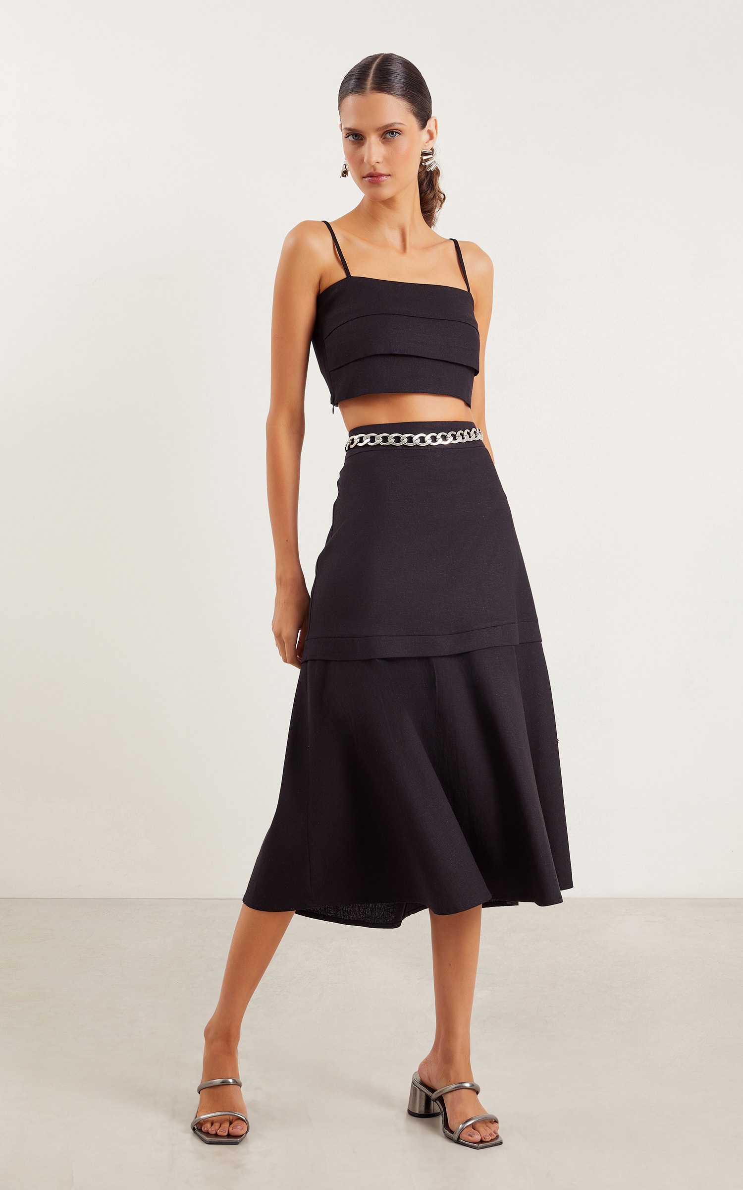 Saia Midi Linho Camada Preto