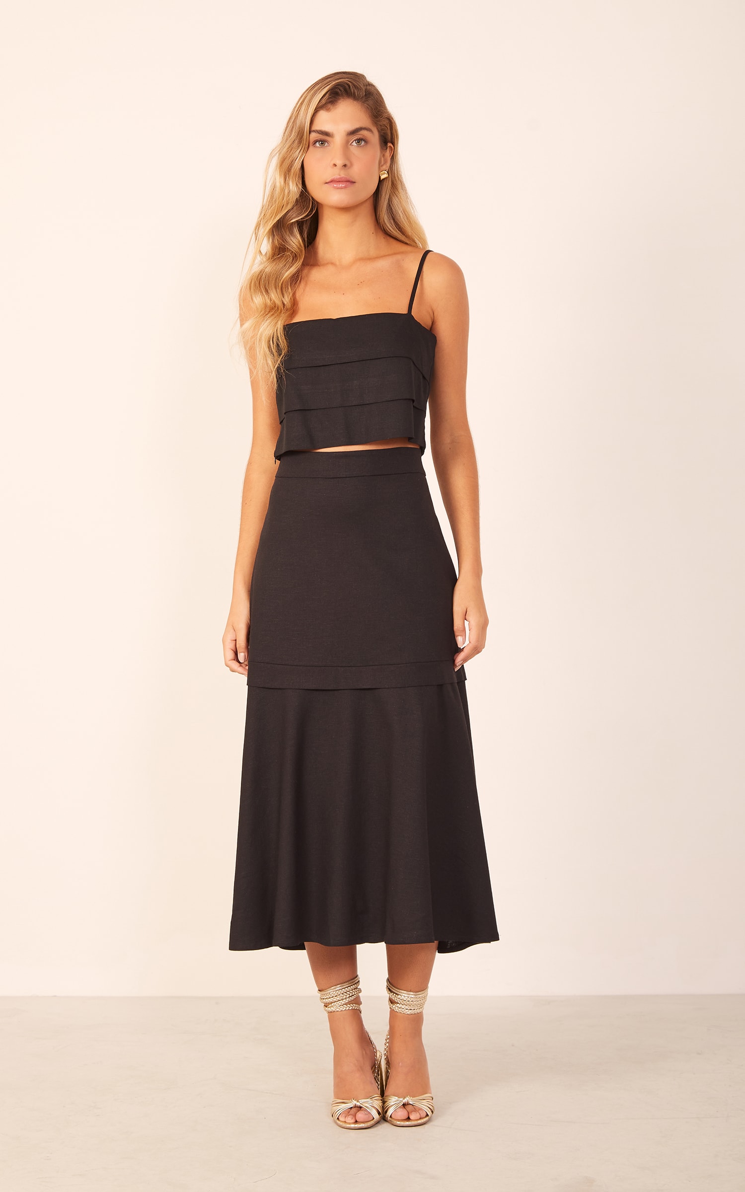 Saia Midi Linho Preto