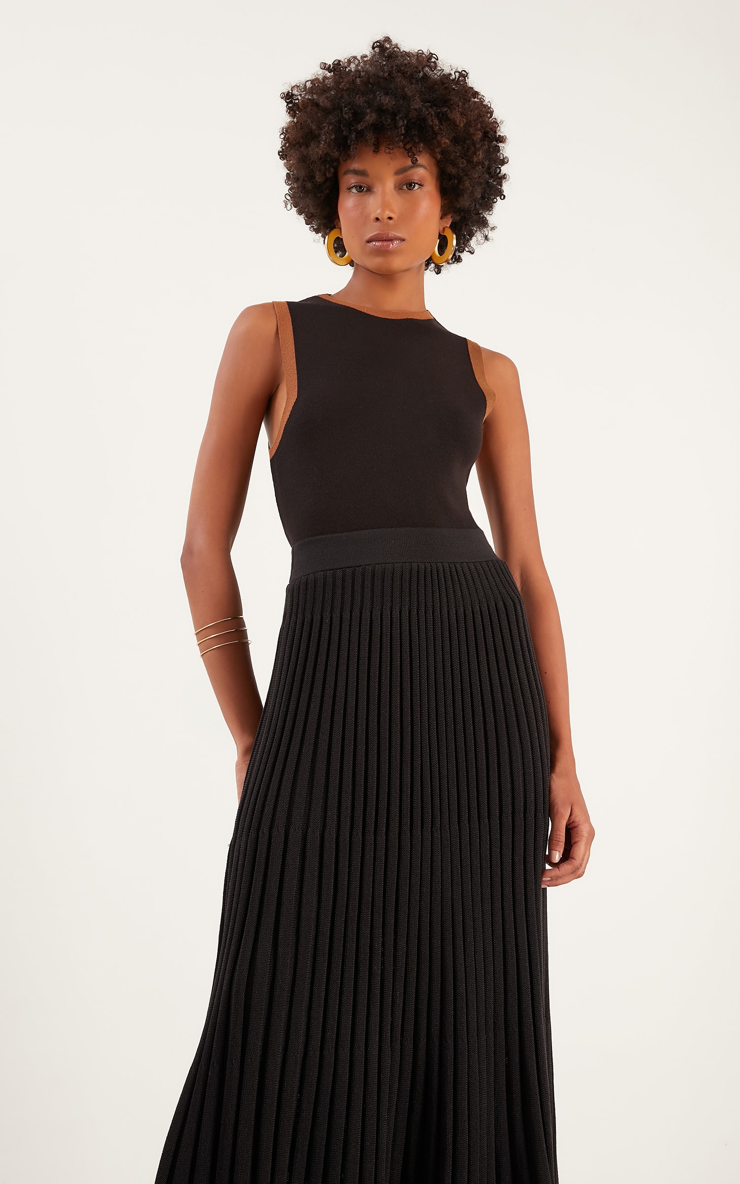Saia Midi Tricot Plissada Preto