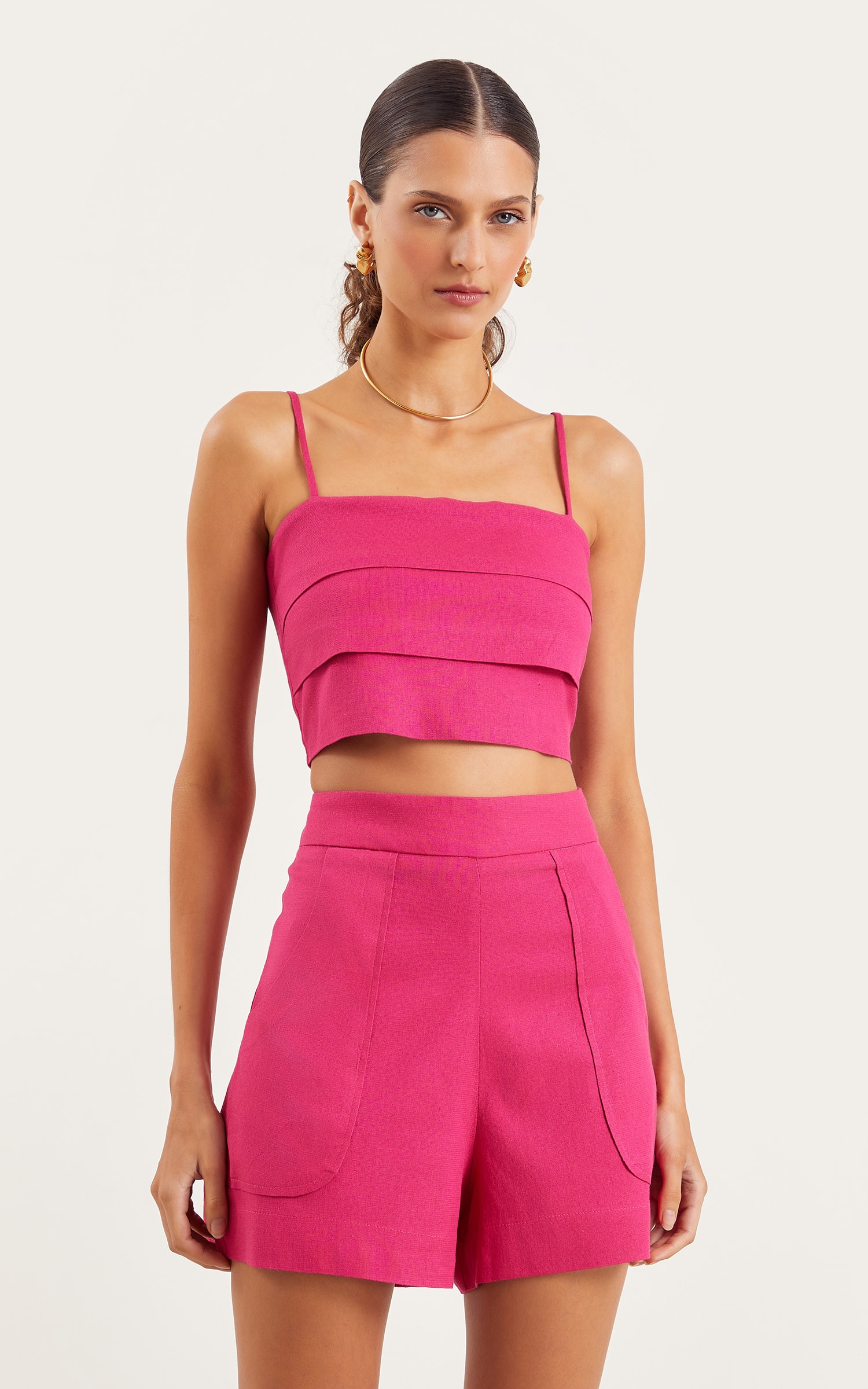 Short Bolso Linho Fucsia
