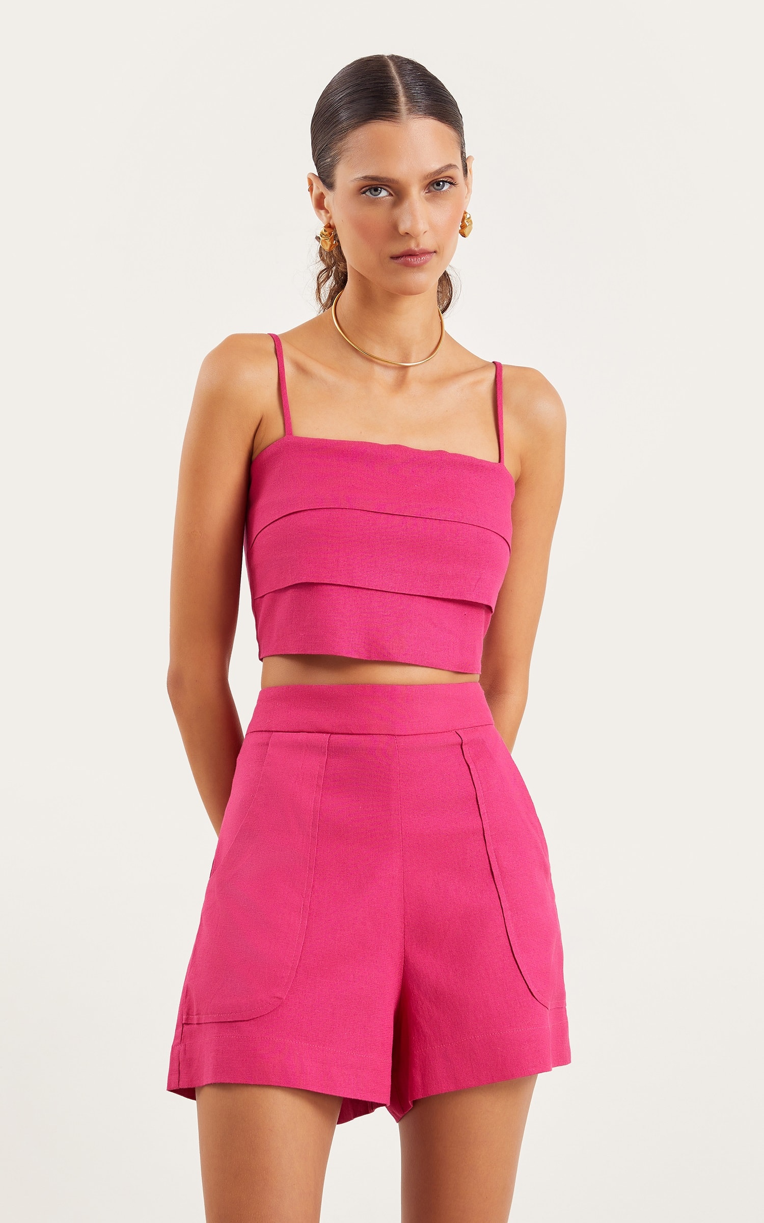 Short Bolso Linho Fucsia