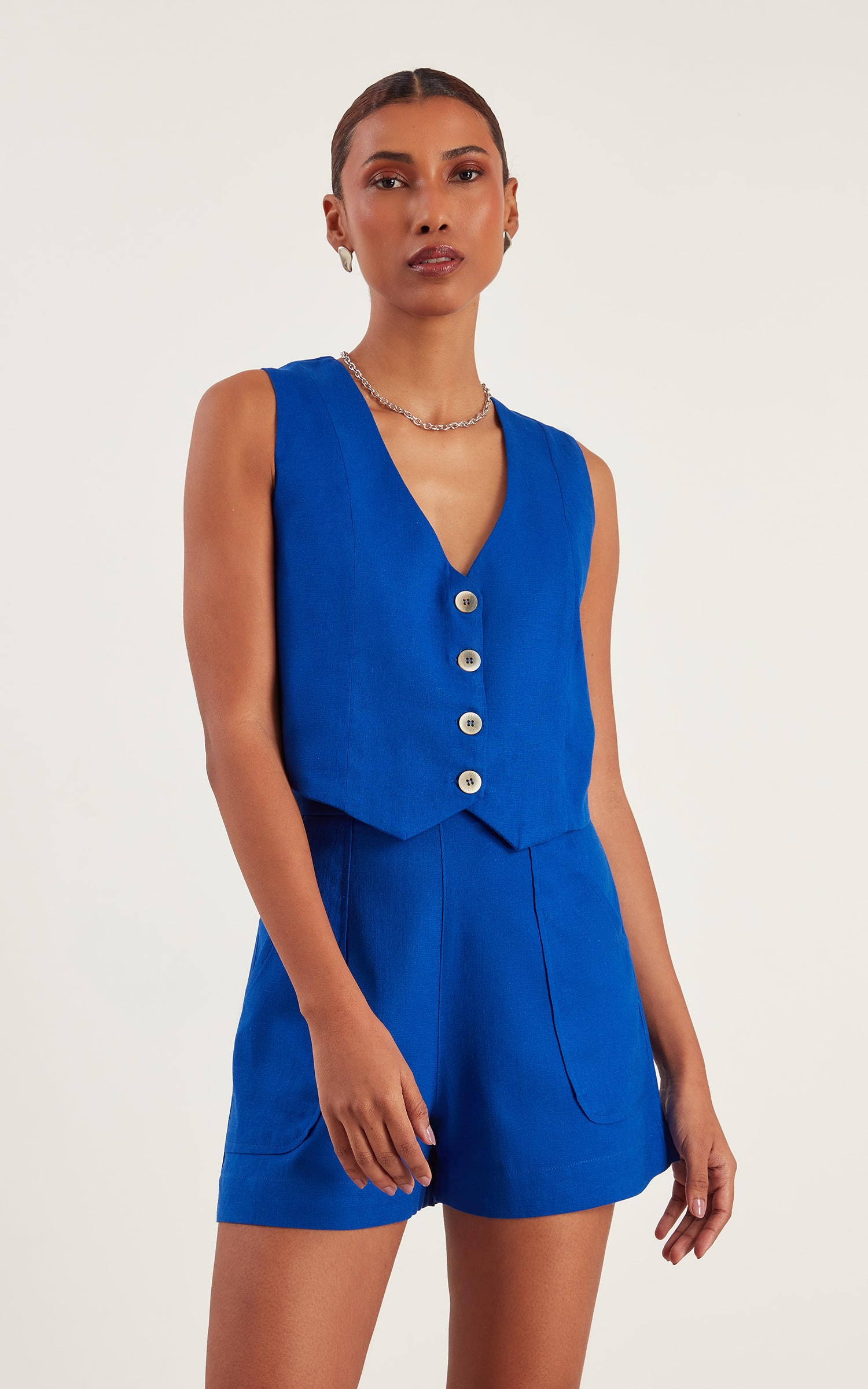 Short Encantar Detalhe Bolsos Azul Royal