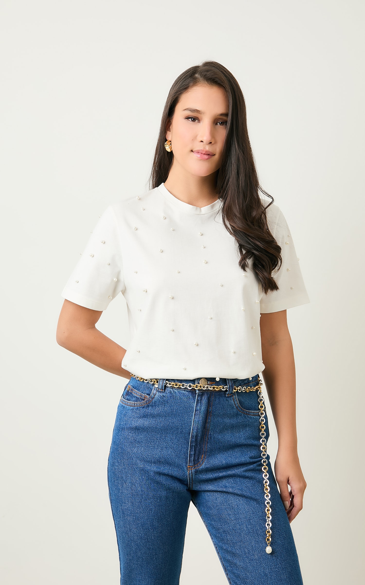 T-Shirt Bordada Perolas Off White