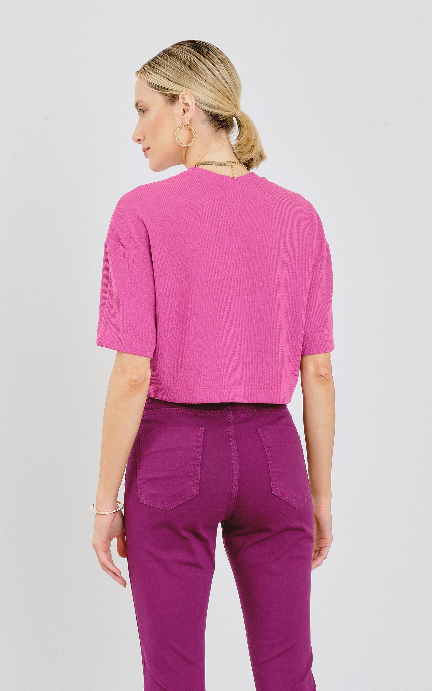 T-Shirt Cropped Malha Textura Fúcsia