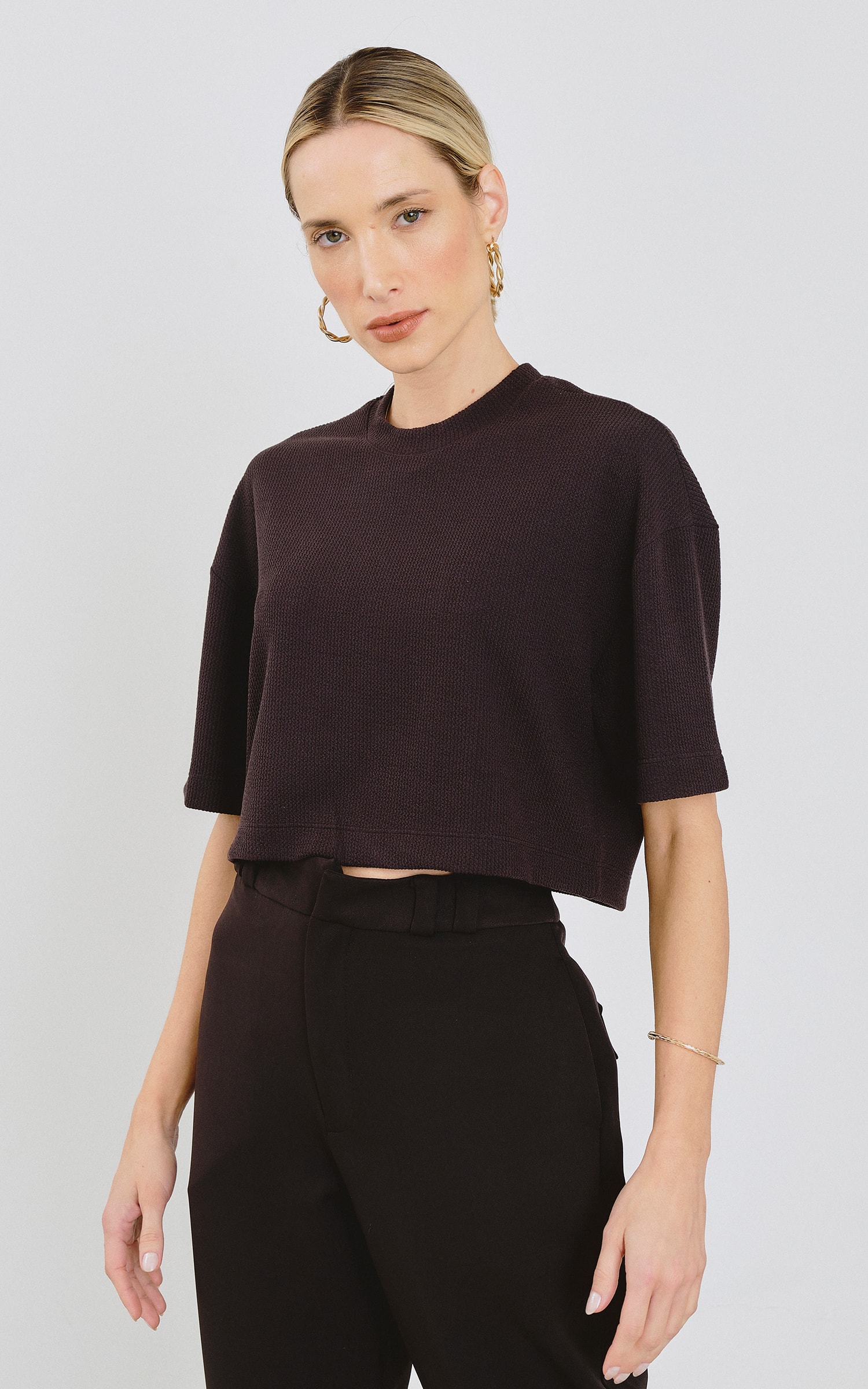 T-Shirt Cropped Malha Textura Preto