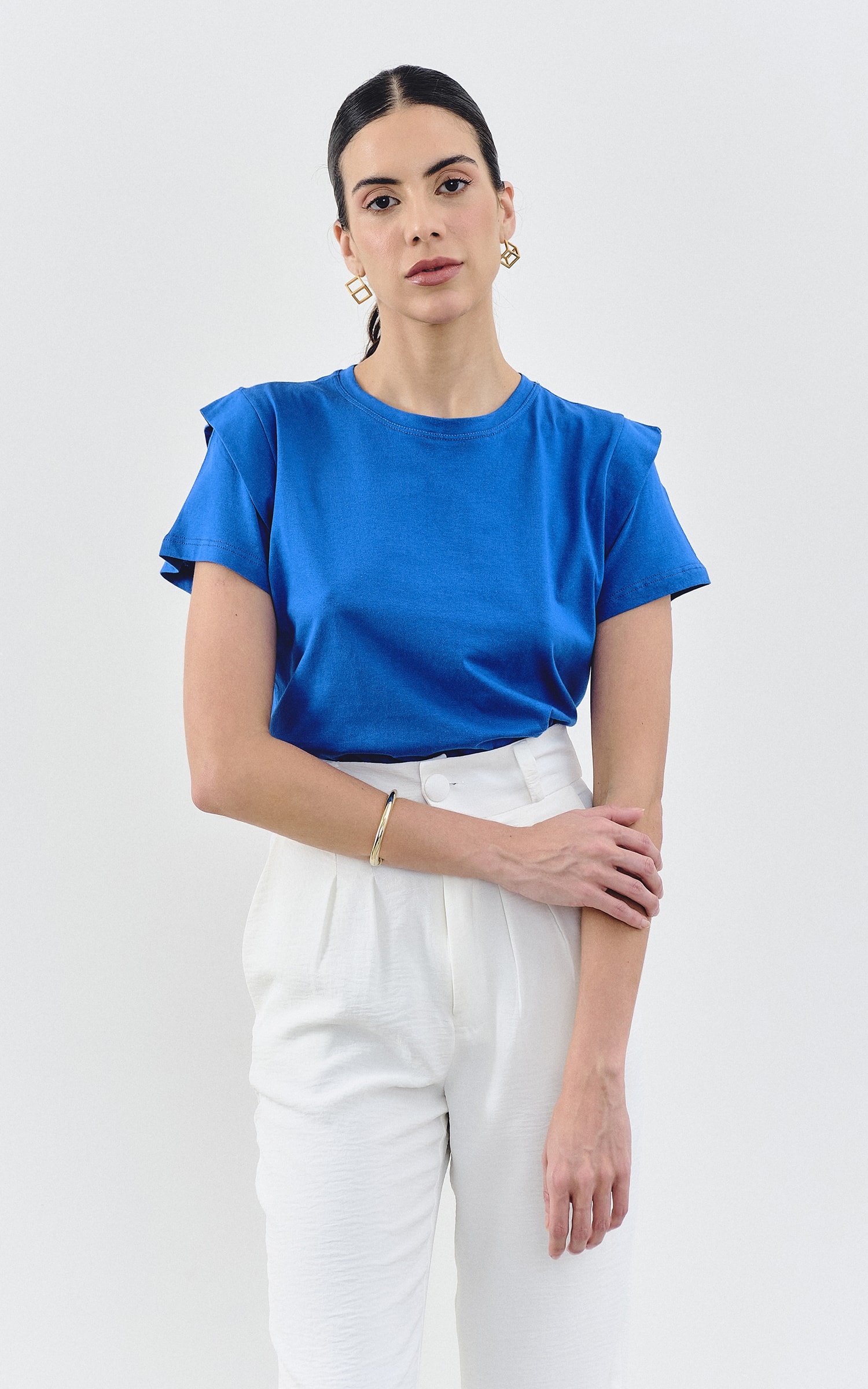 T-Shirt Malha Detalhe Ombro Azul