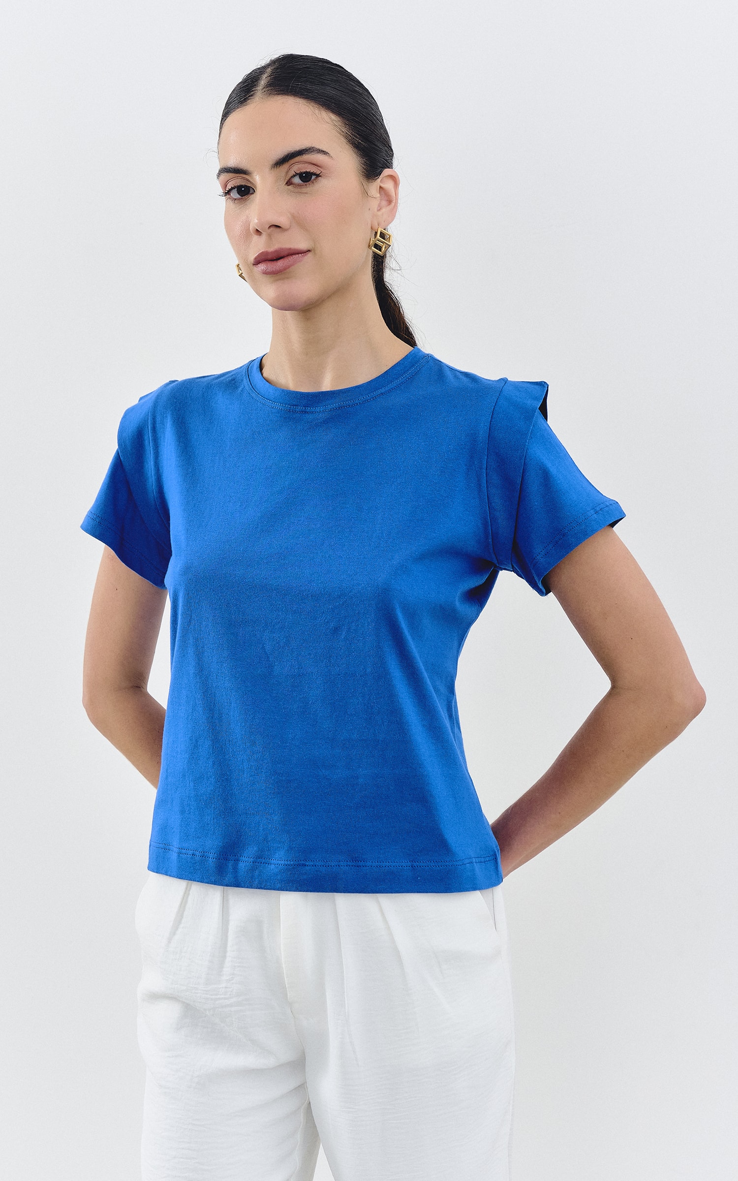 T-Shirt Malha Detalhe Ombro Azul