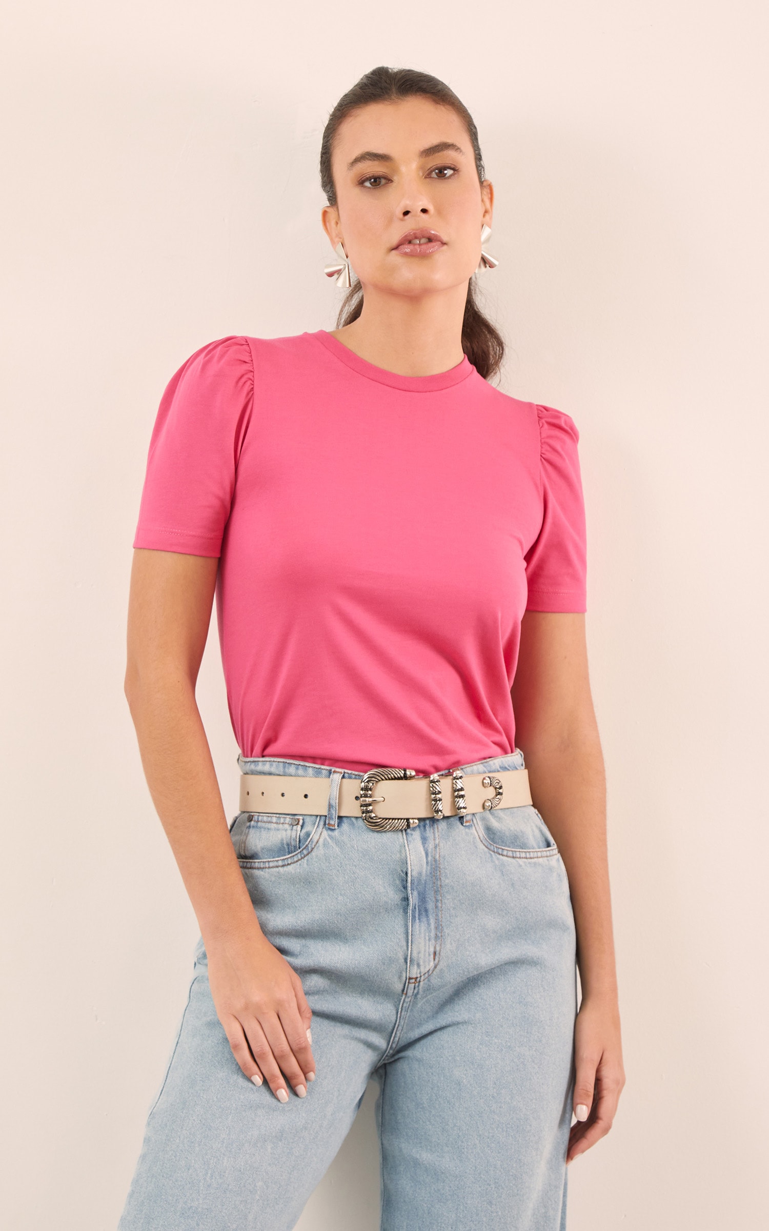 T-Shirt Malha Manga Bufante Rosa