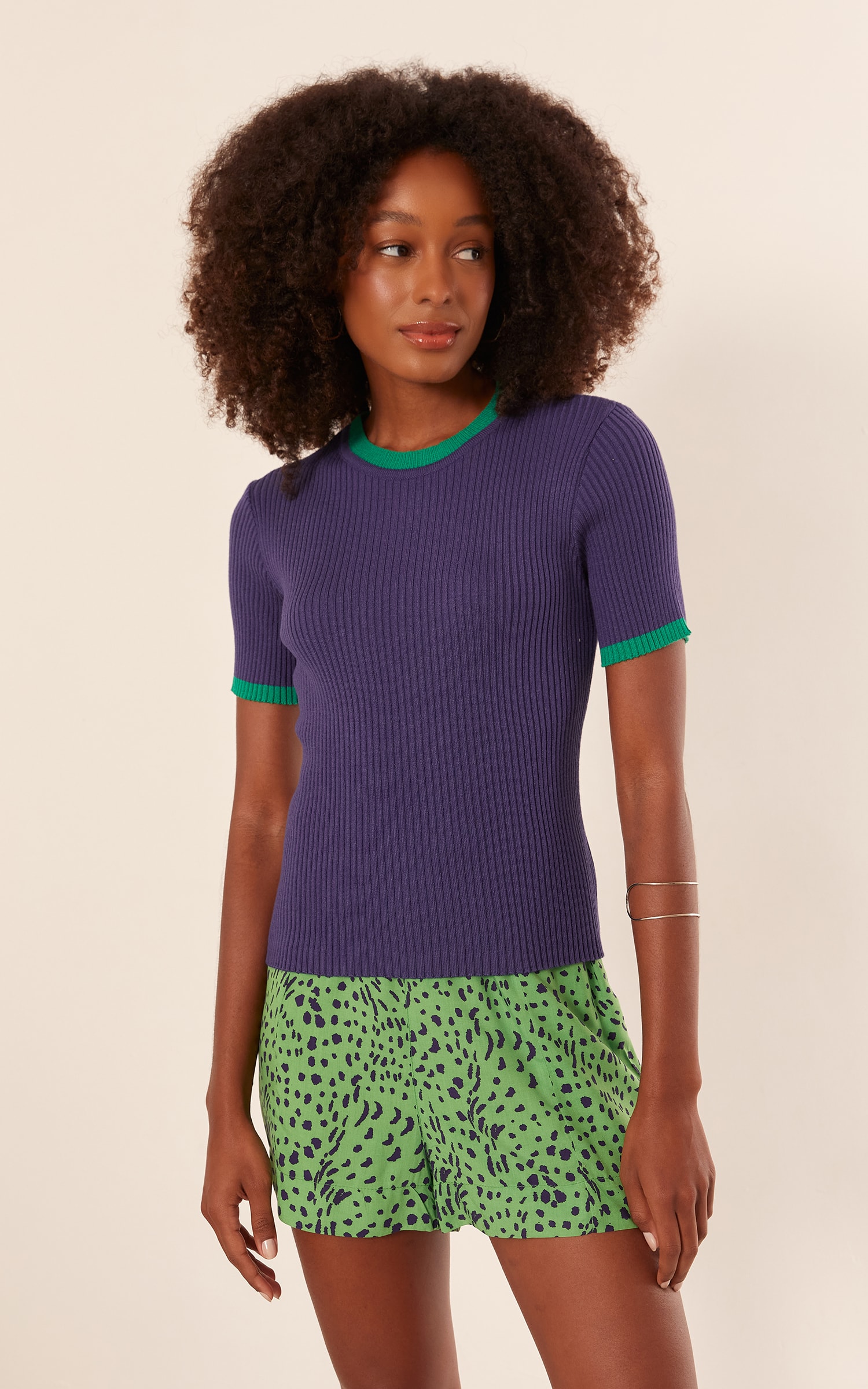 T-Shirt Tricot Canelada Acentos Azul Royal