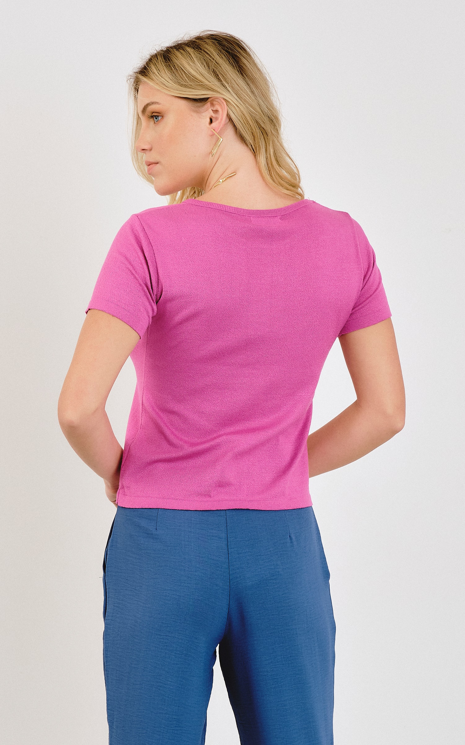 T-Shirt Tricot Decote Redondo Rosa