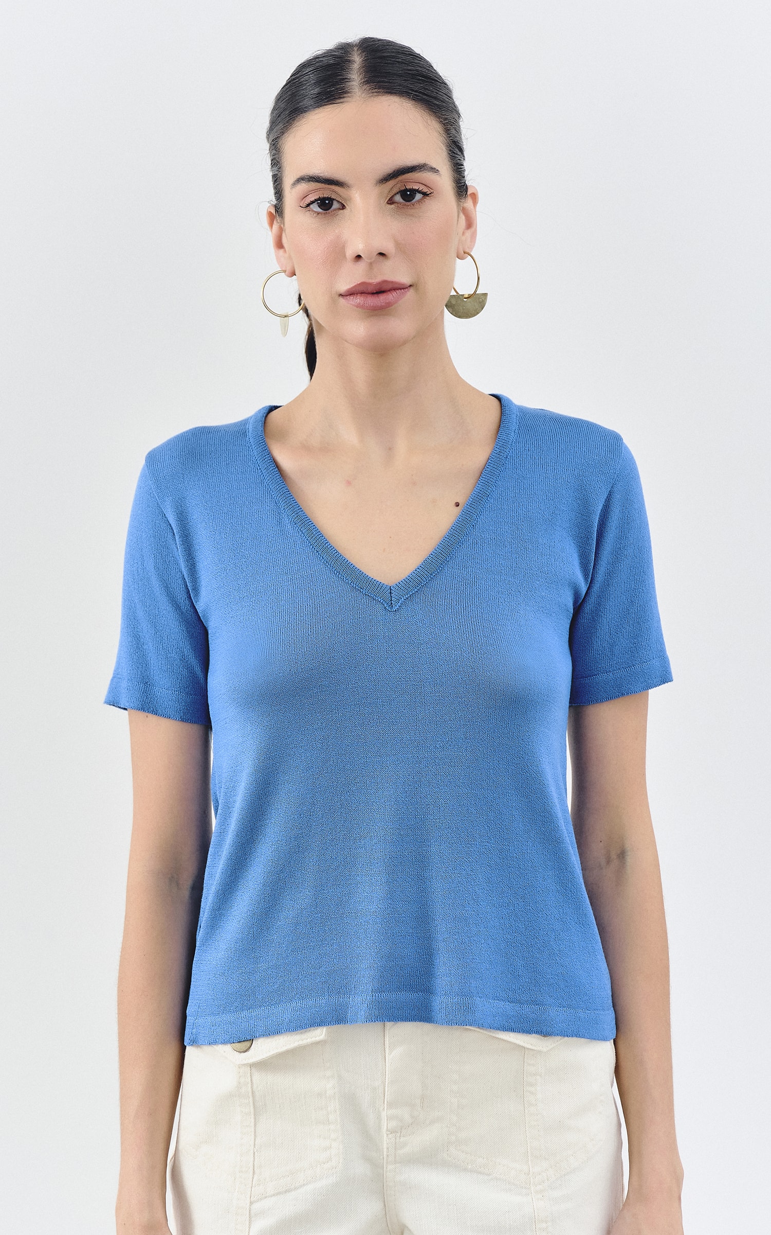 T-Shirt Tricot Decote v Azul