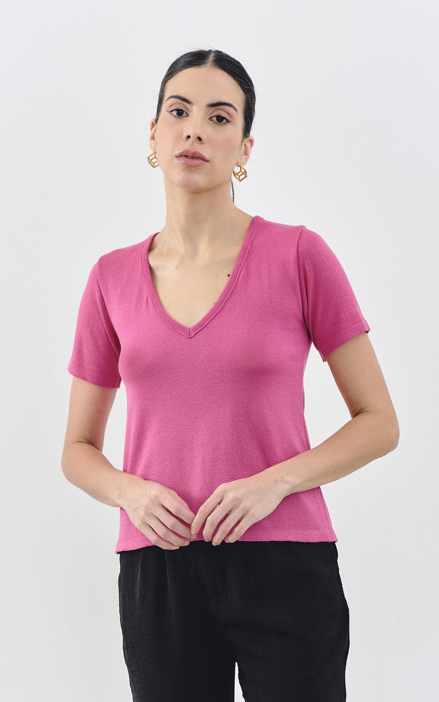 T-Shirt Tricot Decote v Rosa