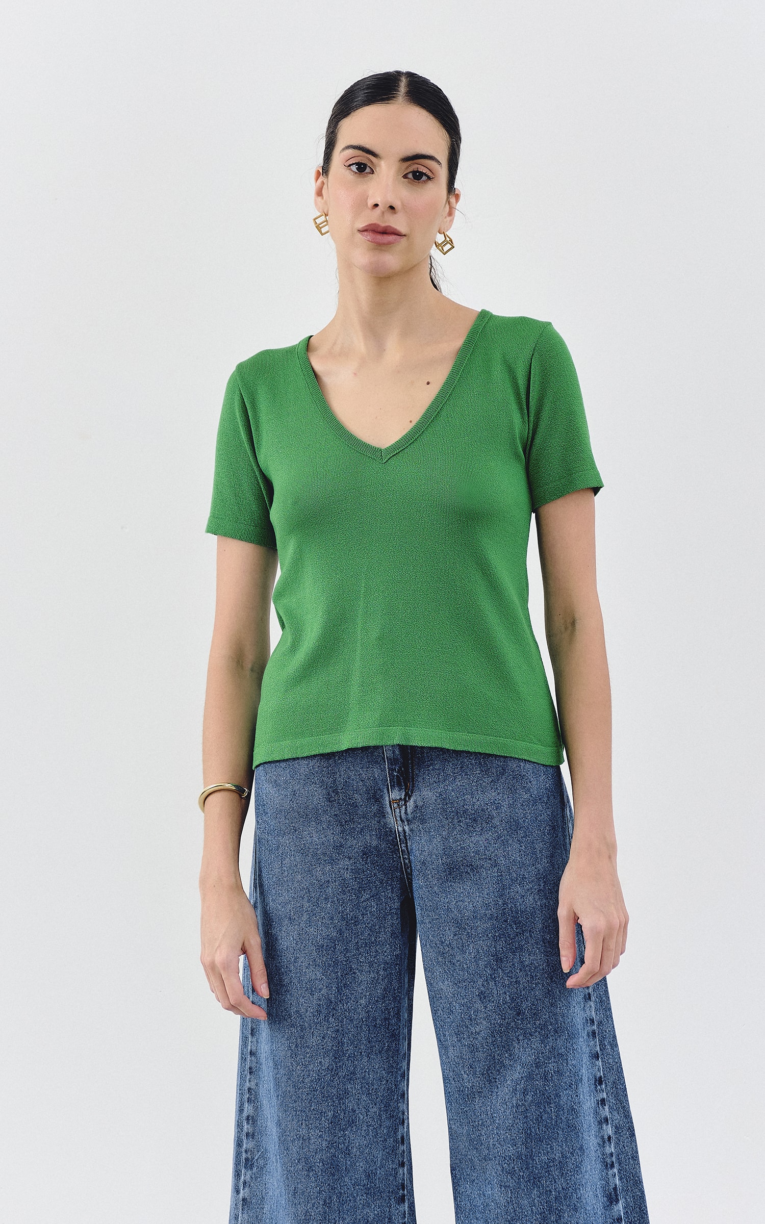 T-Shirt Tricot Decote v Verde