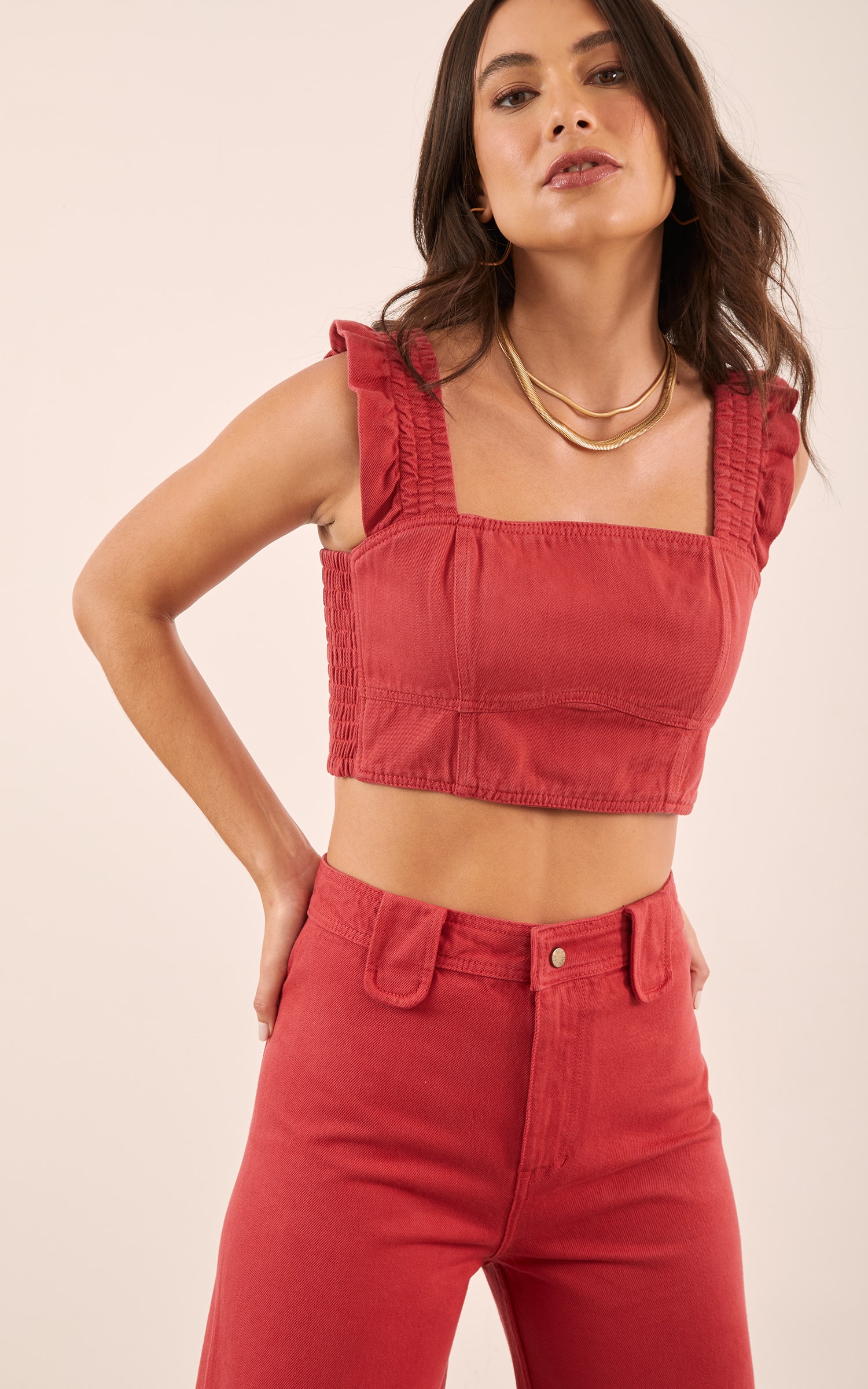 Top Sarja Elástico Recortes Vermelho