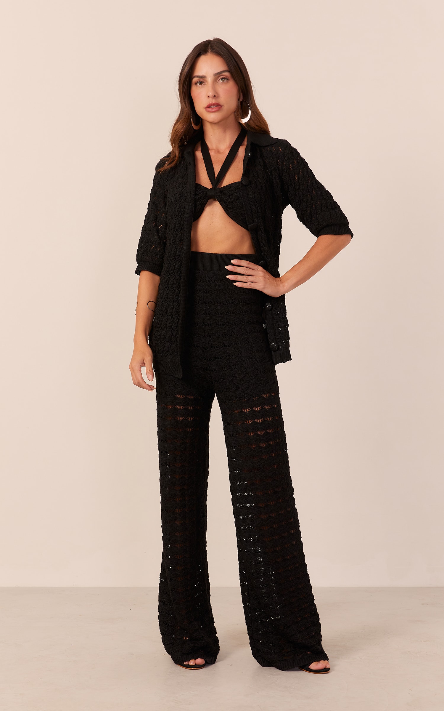 Top Tricot Mix Texturas Preto