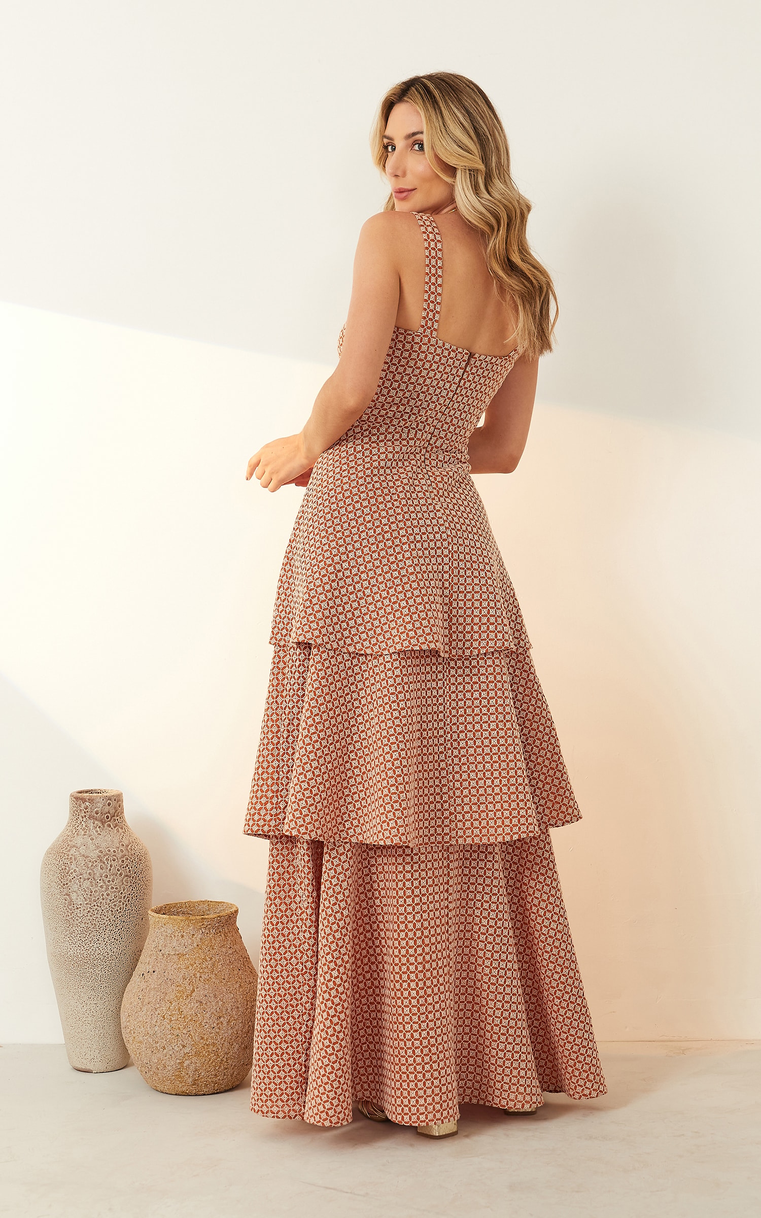 Vestido Algodão Bordado Longo Caramelo