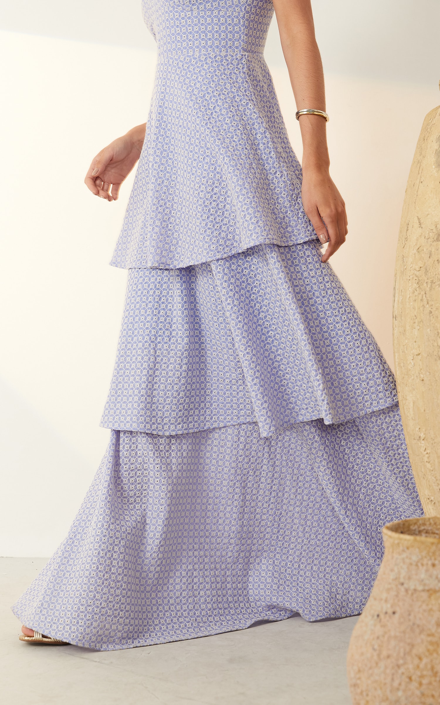 Vestido Algodão Bordado Longo Lavanda