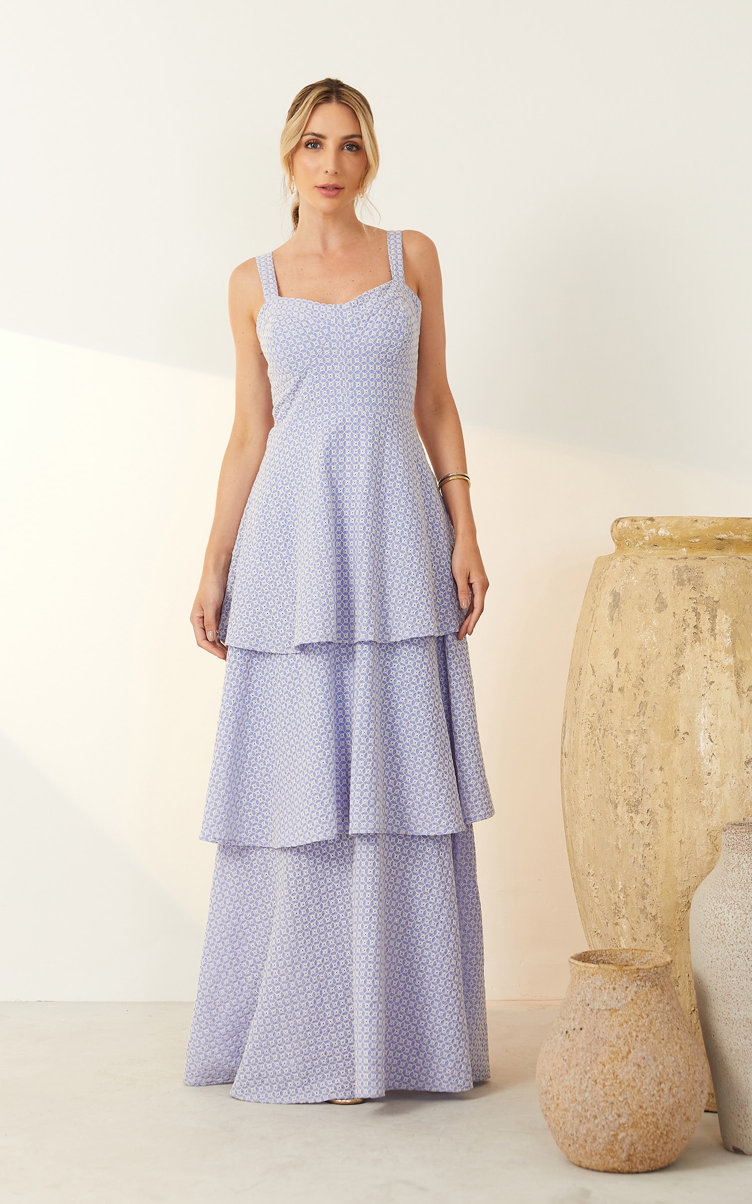 Vestido Algodão Bordado Longo Lavanda