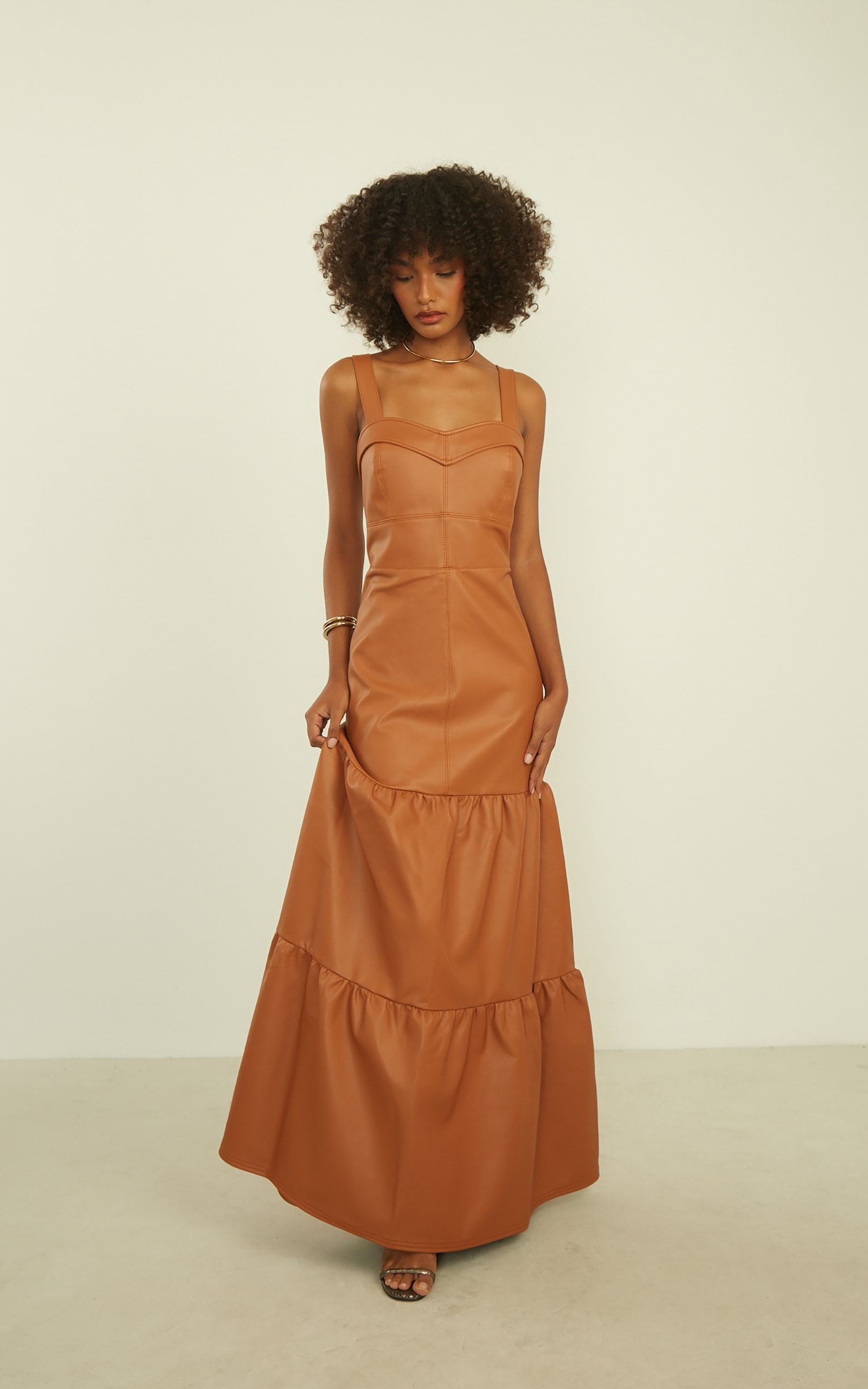 Vestido Camadas Like Leather Caramelo