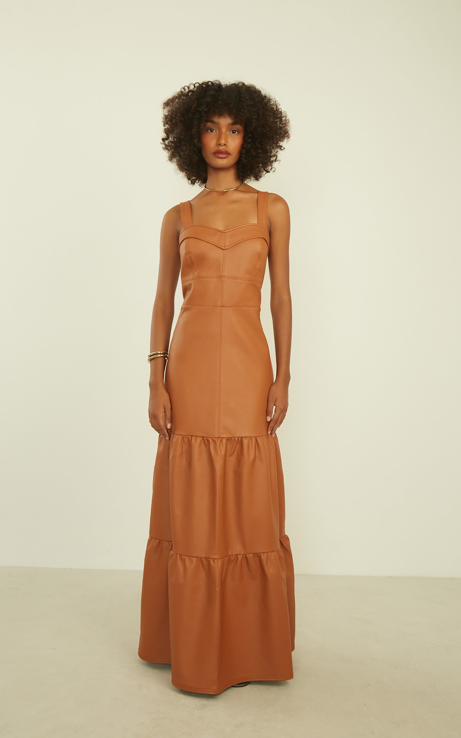Vestido Camadas Like Leather Caramelo
