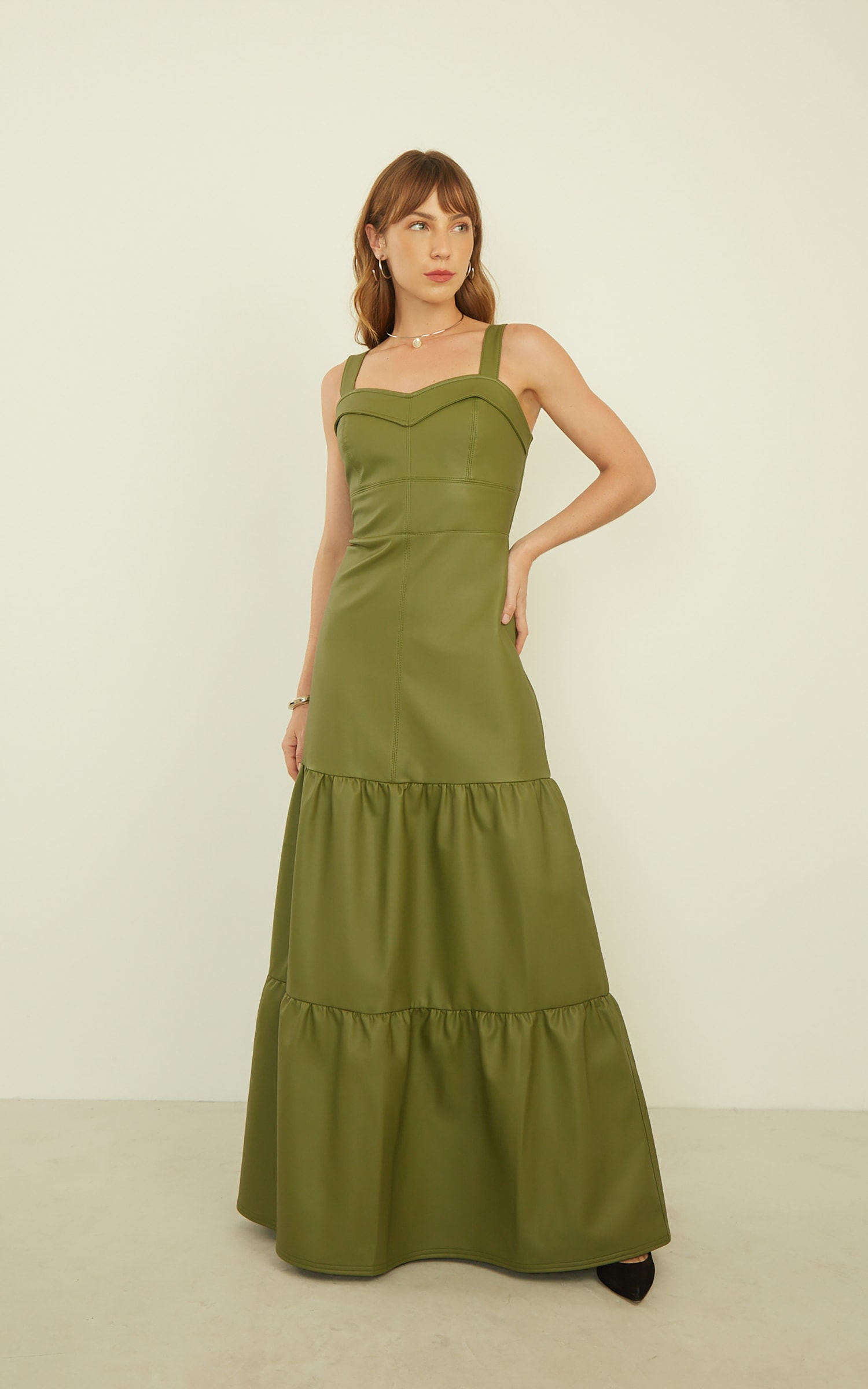 Vestido Camadas Like Leather Verde Militar
