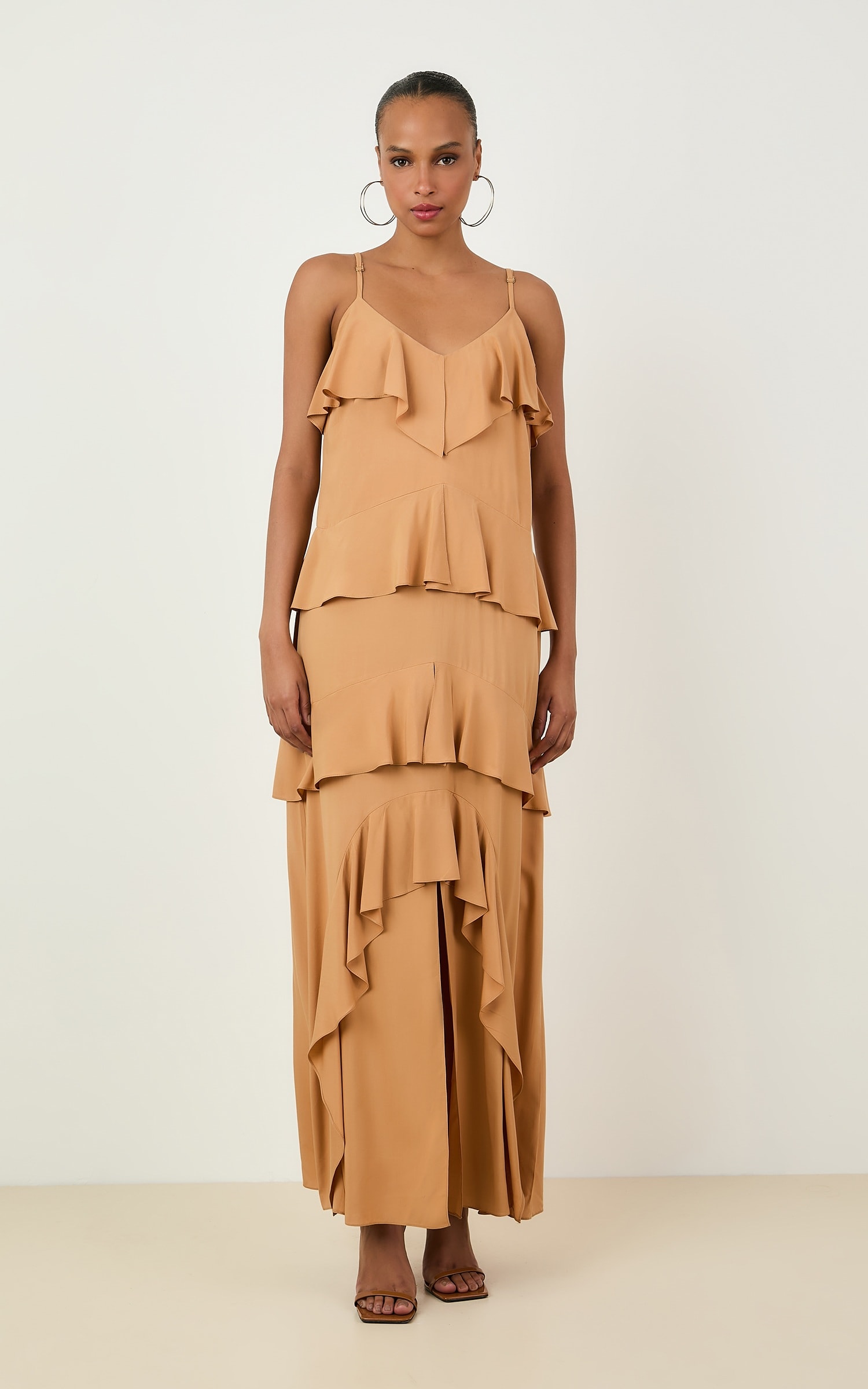 Vestido Cropped Babados Caqui