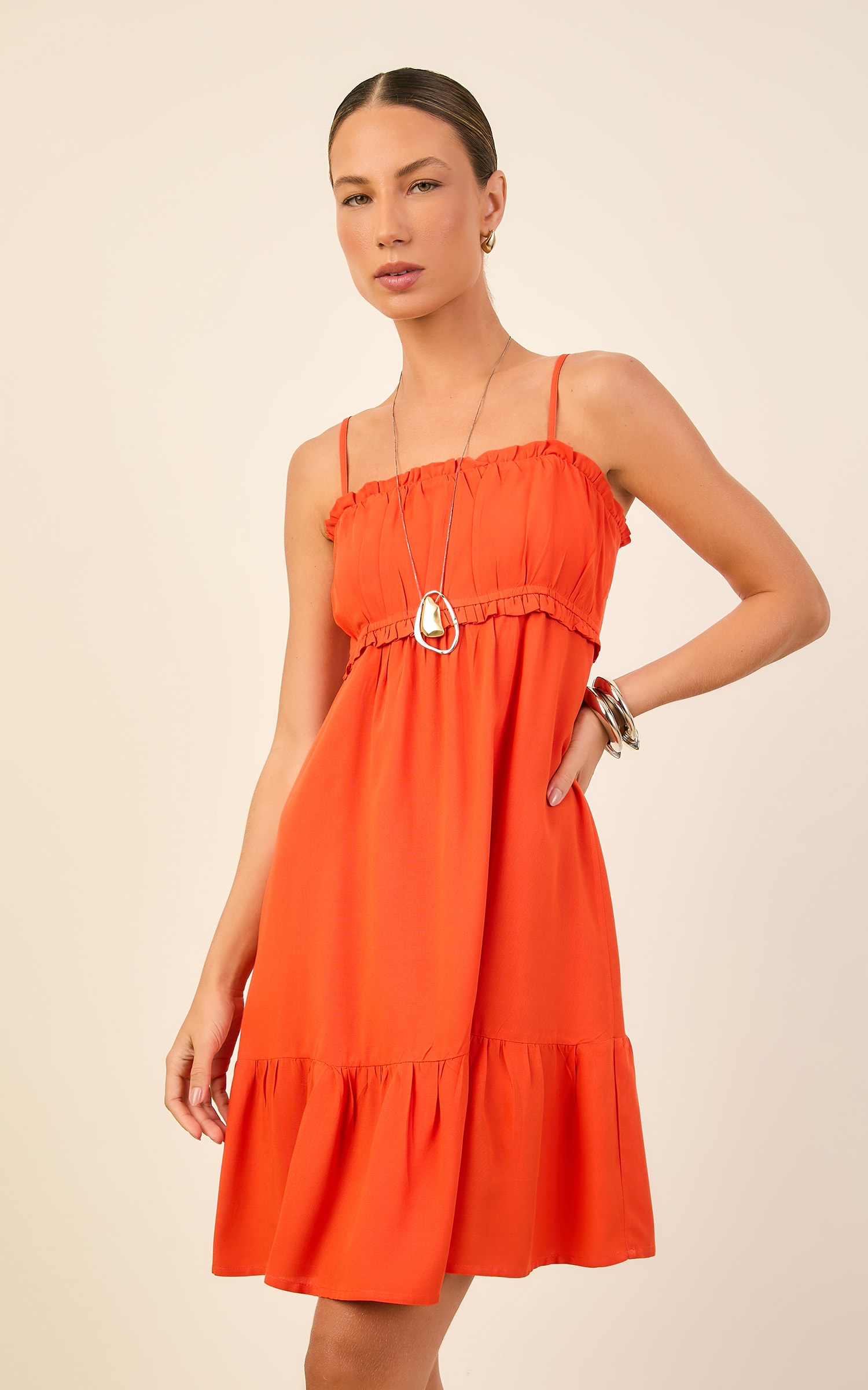 Vestido Curto Mini Babado Color Coral