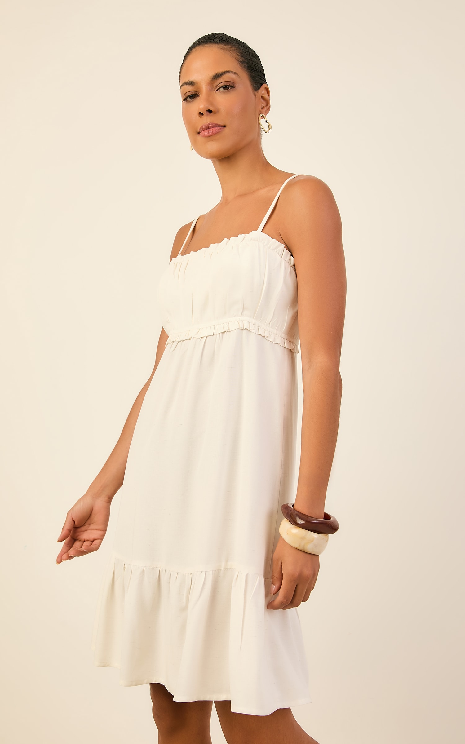 Vestido Curto Mini Babado Color Natural