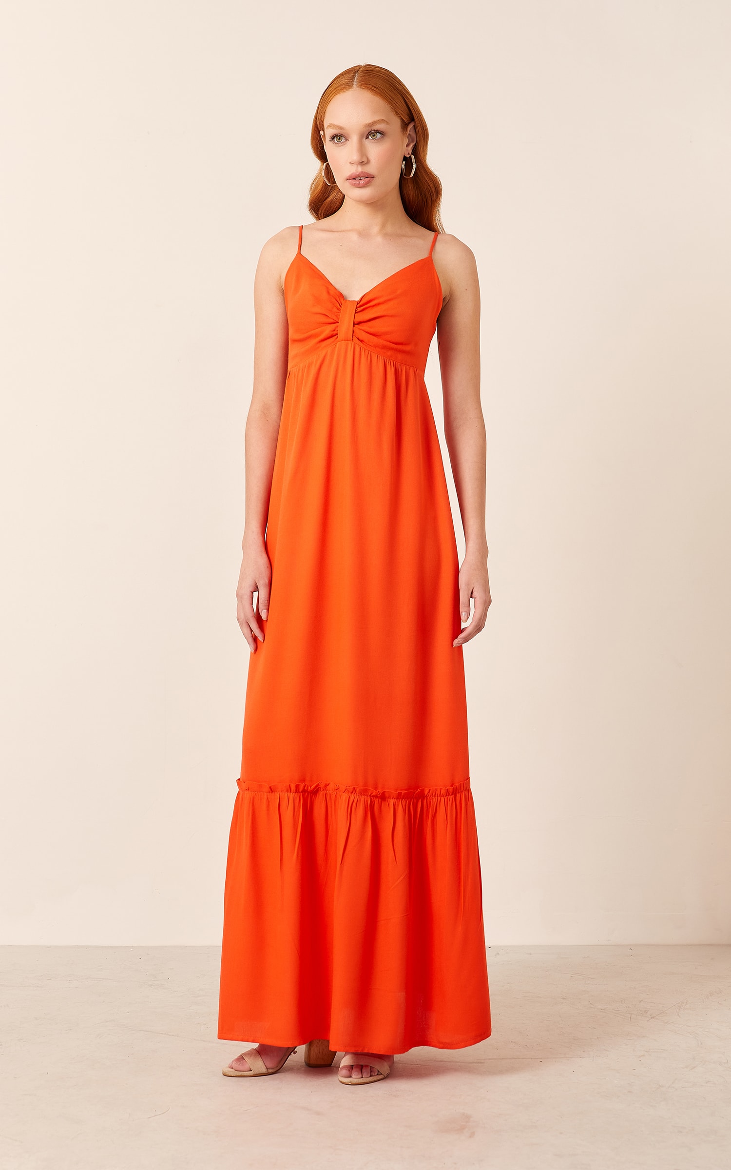 Vestido Decote Laço Midi Laranja