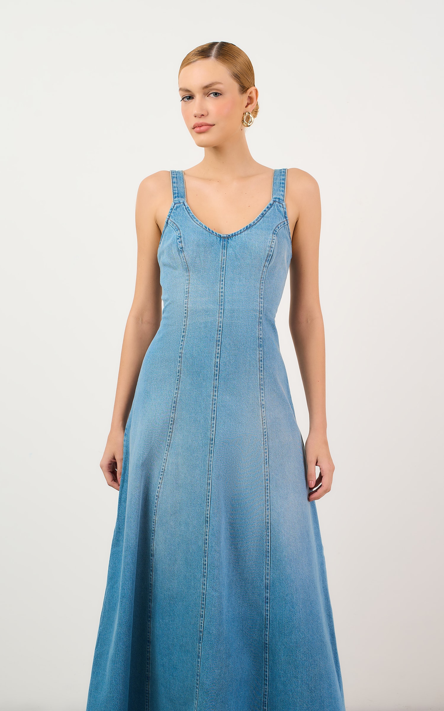 Vestido Jeans Decote v Jeans Medio