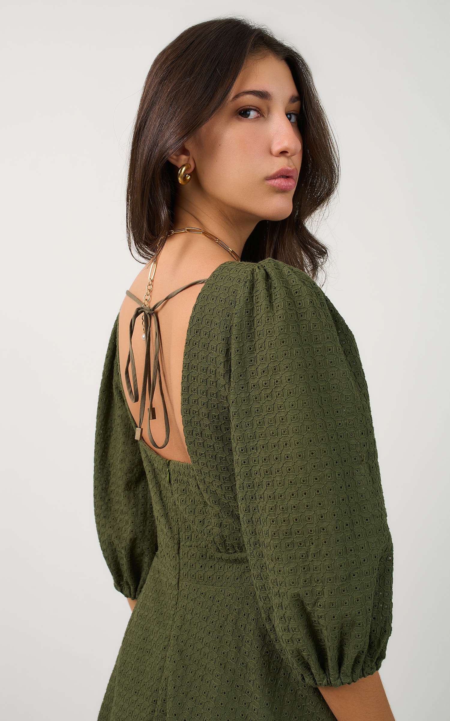 Vestido Longo Bordado Selenita Verde Musgo