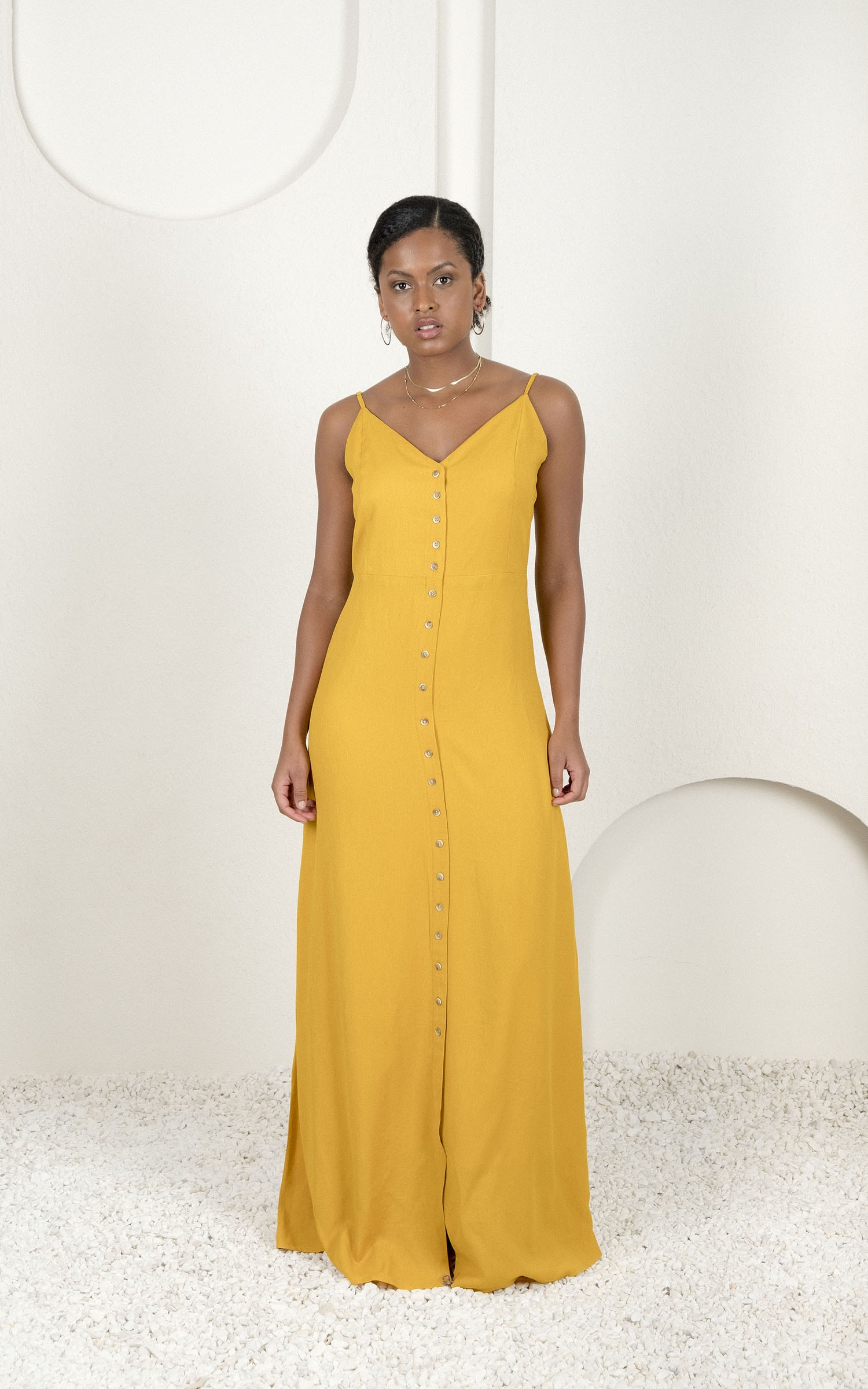 Vestido Longo Botões Amarelo Escuro