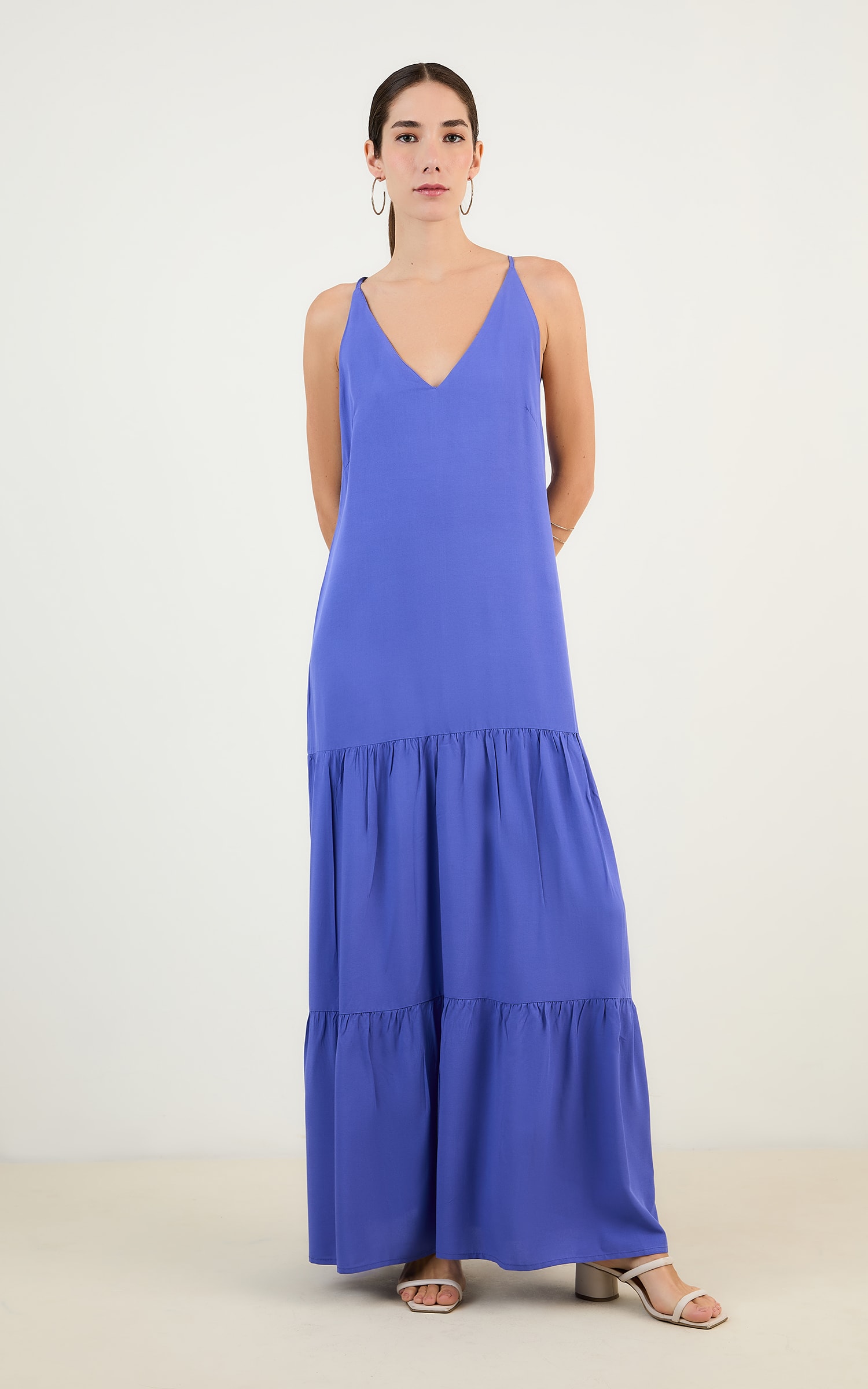 Vestido Longo Decote v Azul Anil