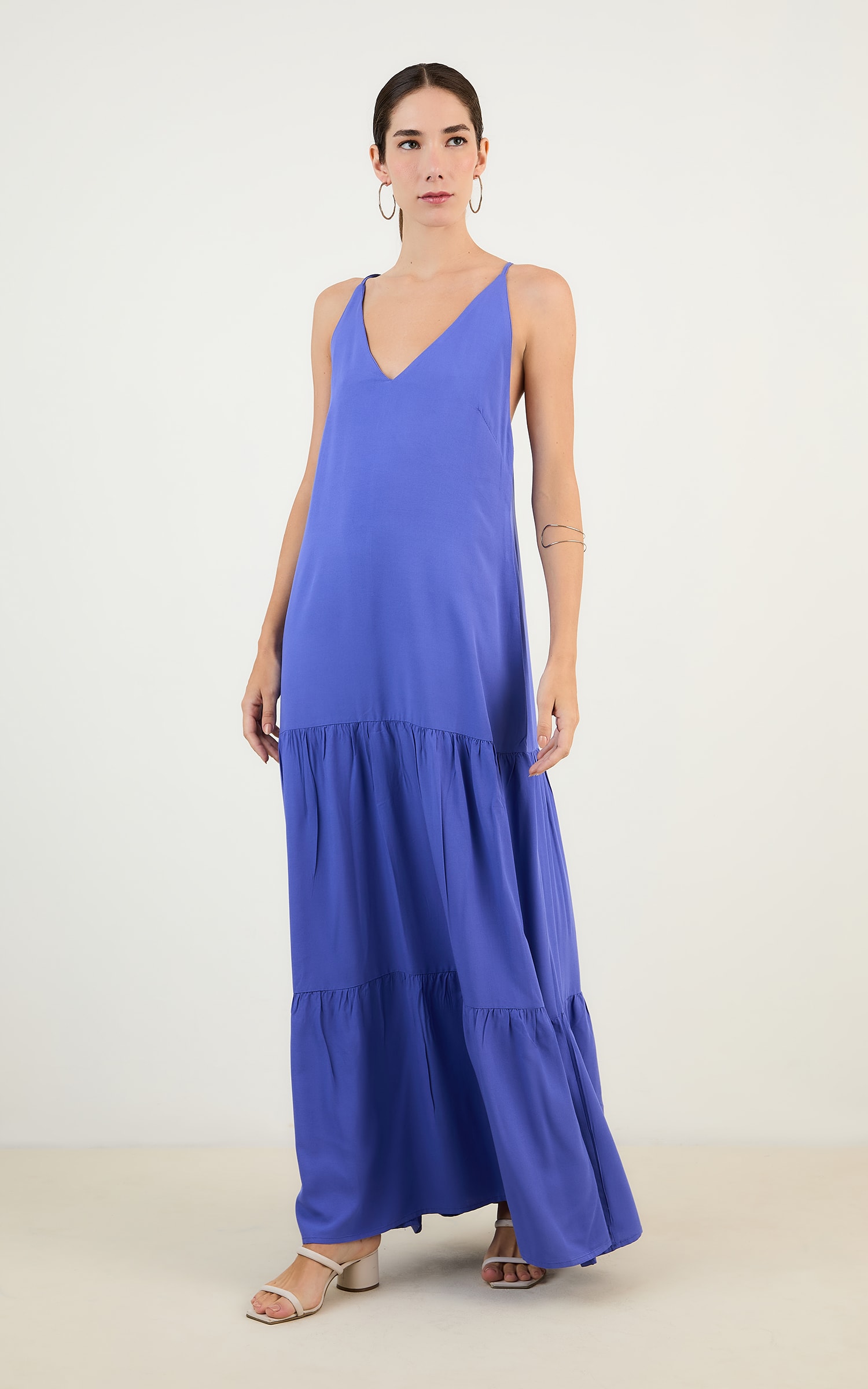 Vestido Longo Decote v Azul Anil